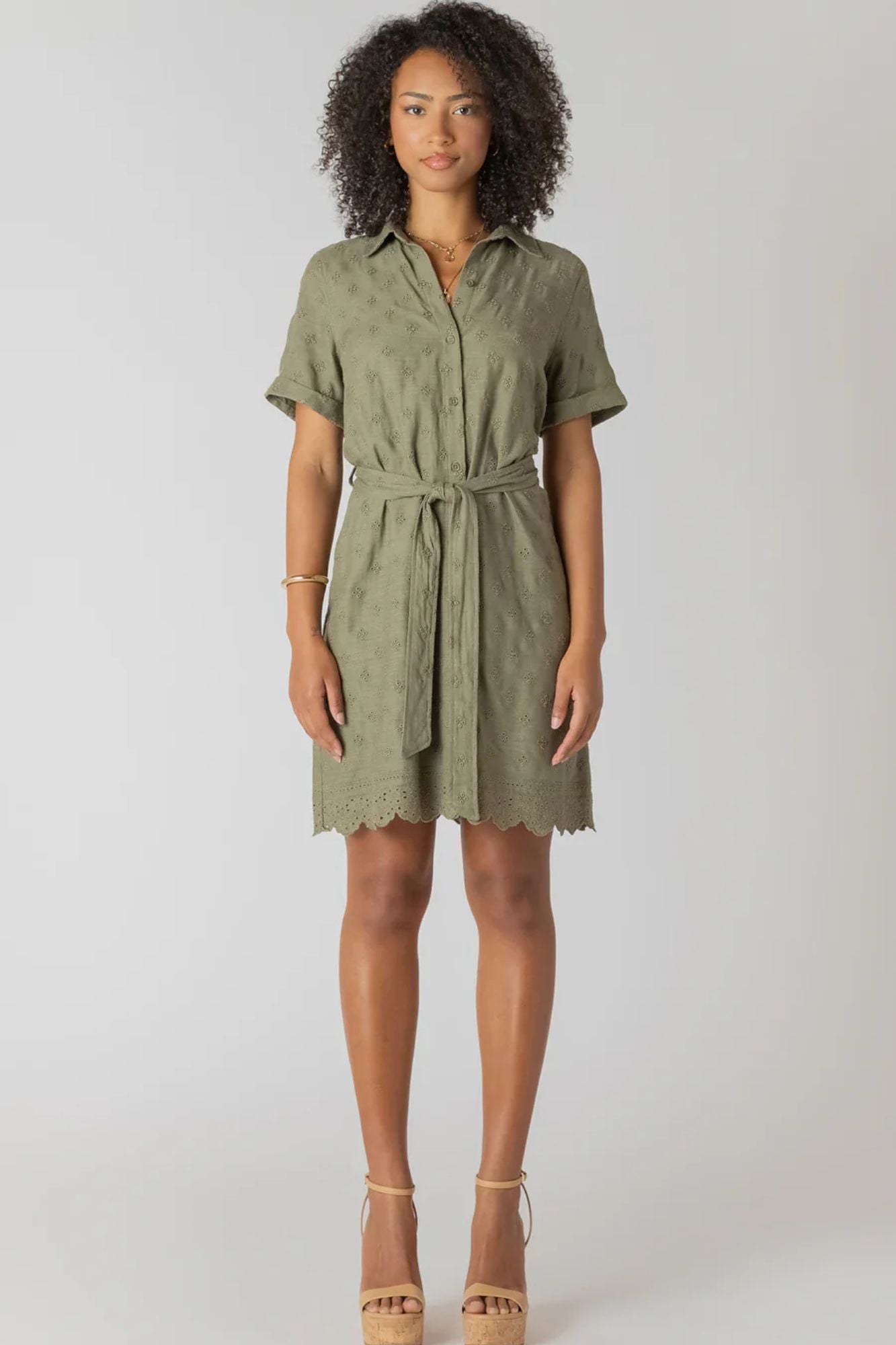 Linen Belted Eyelet Hem Mini Shirt Dress
