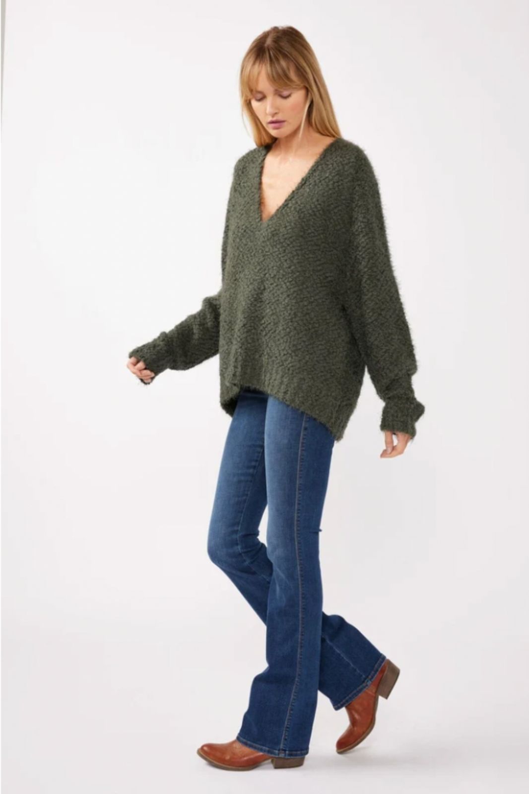Fuzzy Popcorn V Neck Sweater