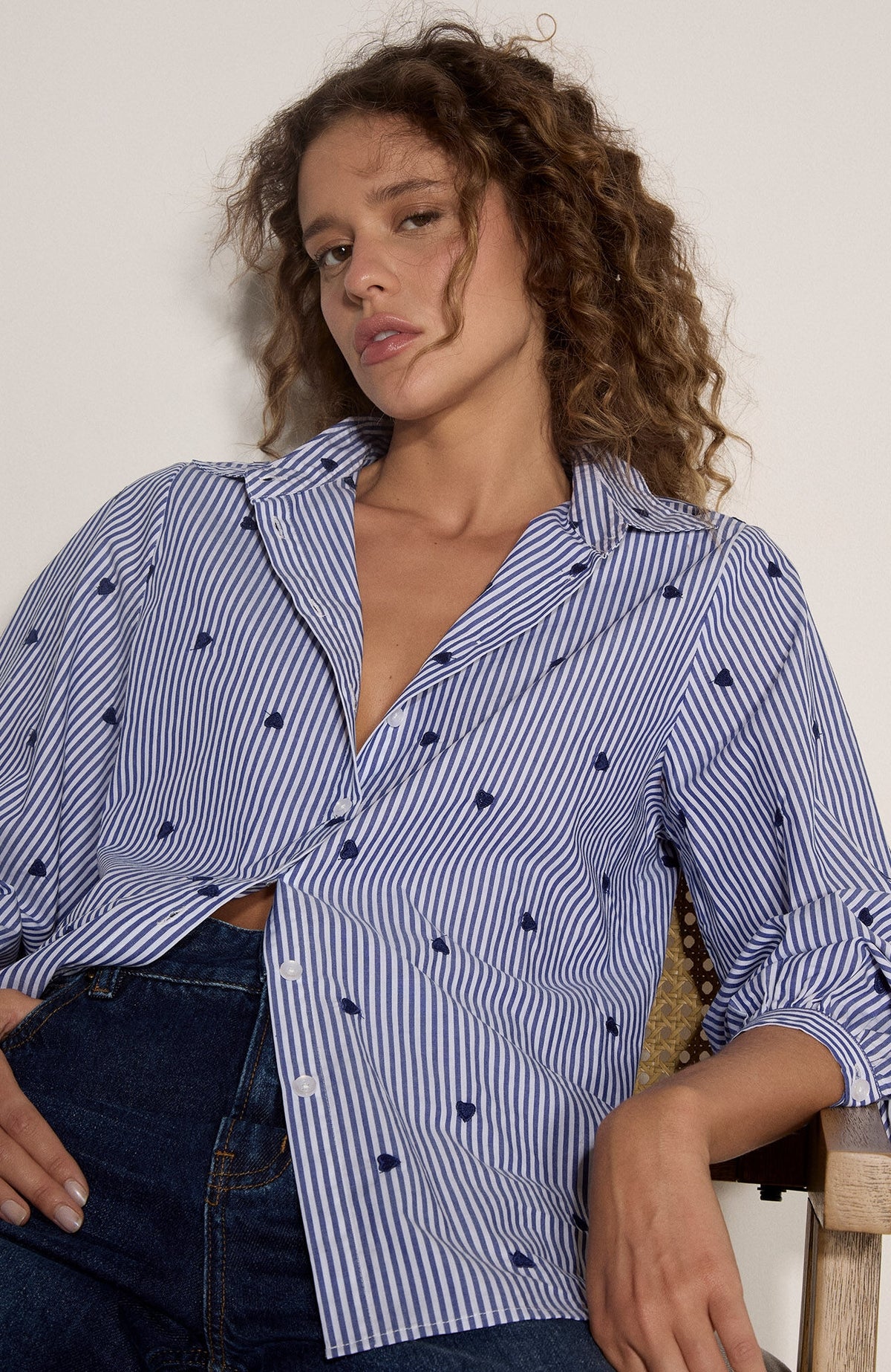 Embroidered Hearts Stripe Shirt