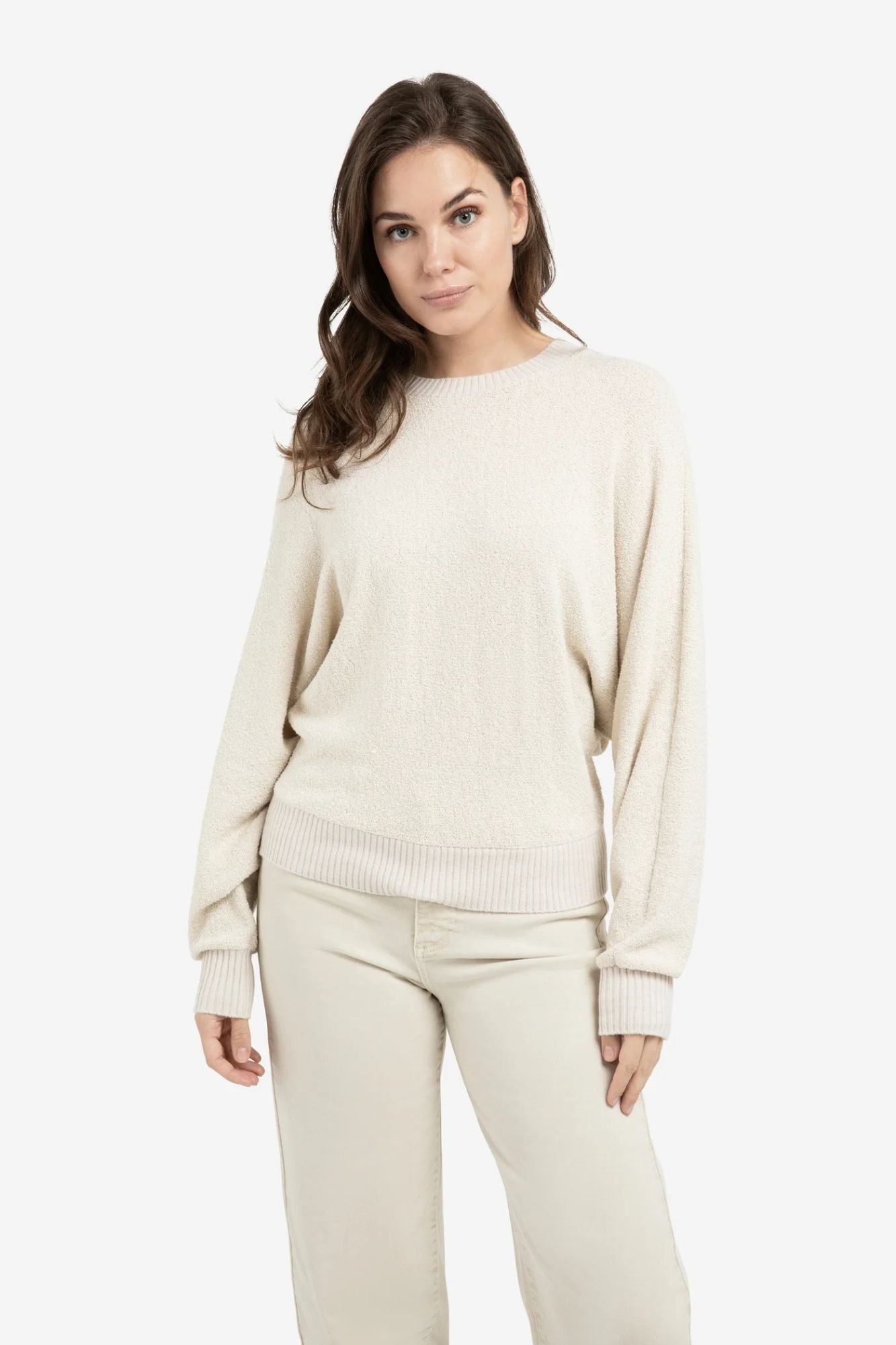 Bouclé Sweater with Batwing Sleeves and Ribbed Trims