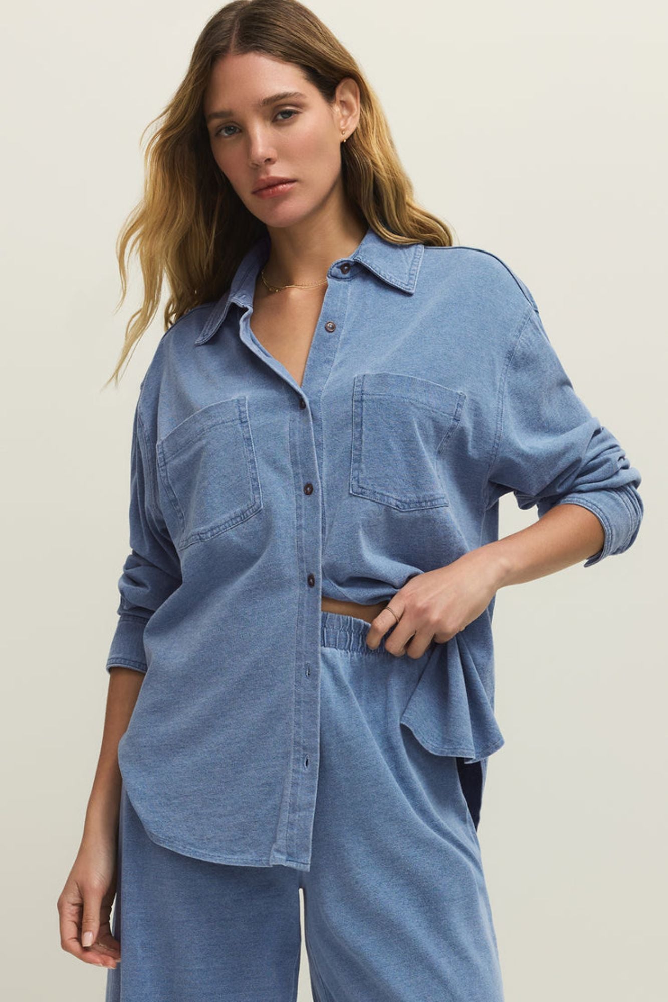 Reese Jersey Denim Button Up