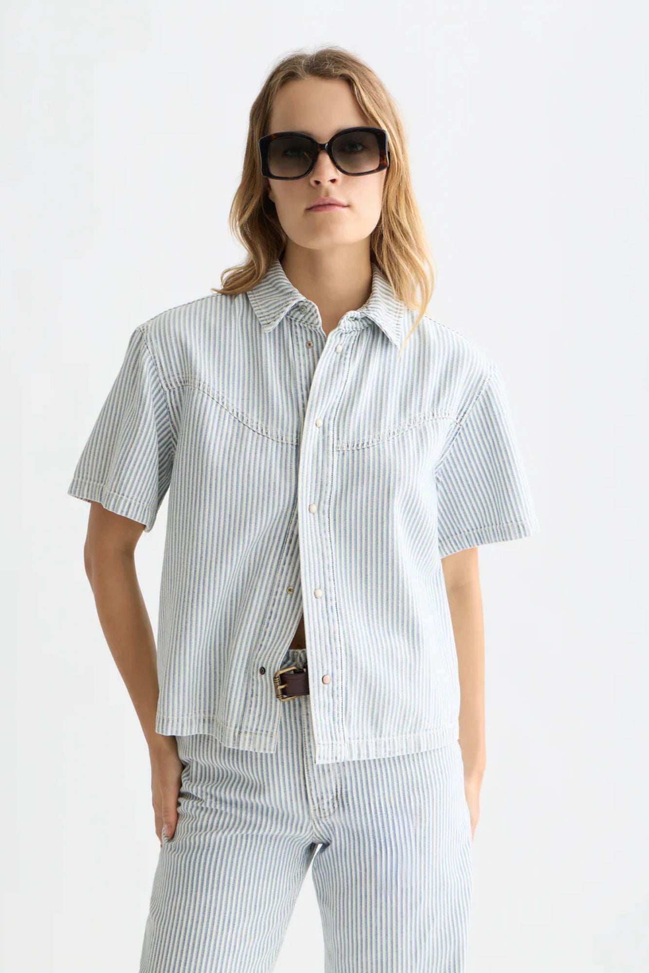Short Sleeve Denim Shirt Indigo Stripe