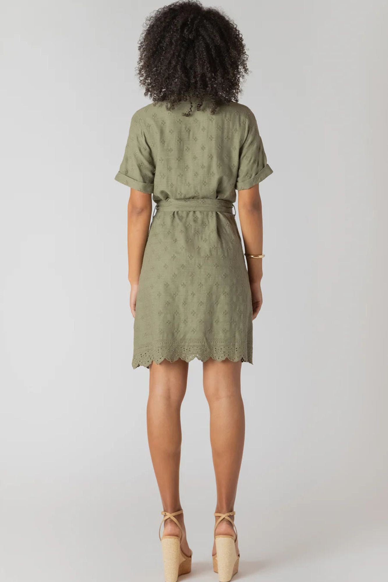 Linen Belted Eyelet Hem Mini Shirt Dress
