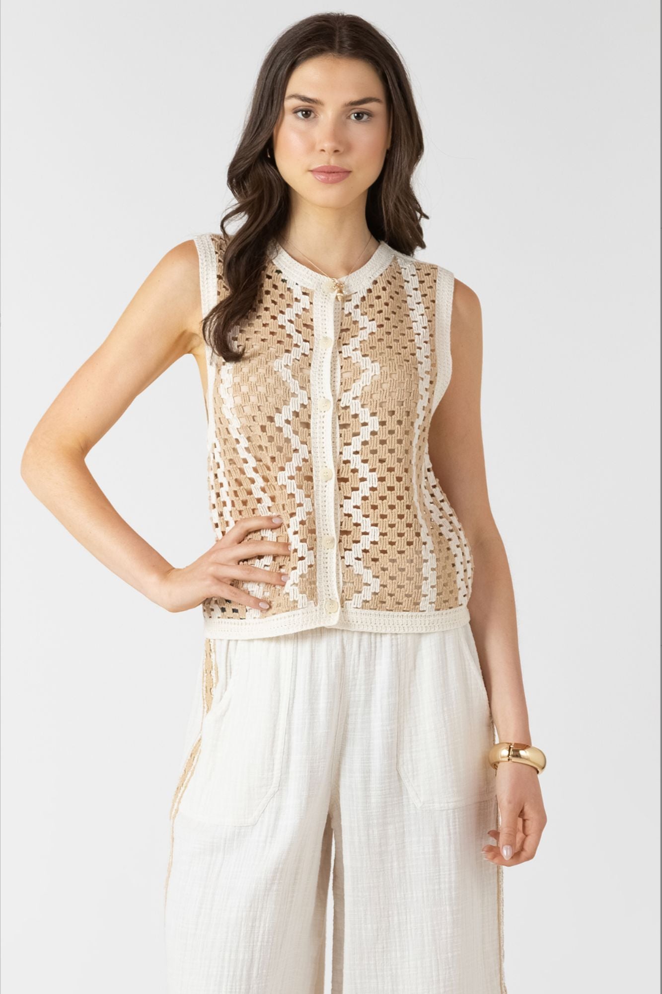 Button Back Open Work Sweater
