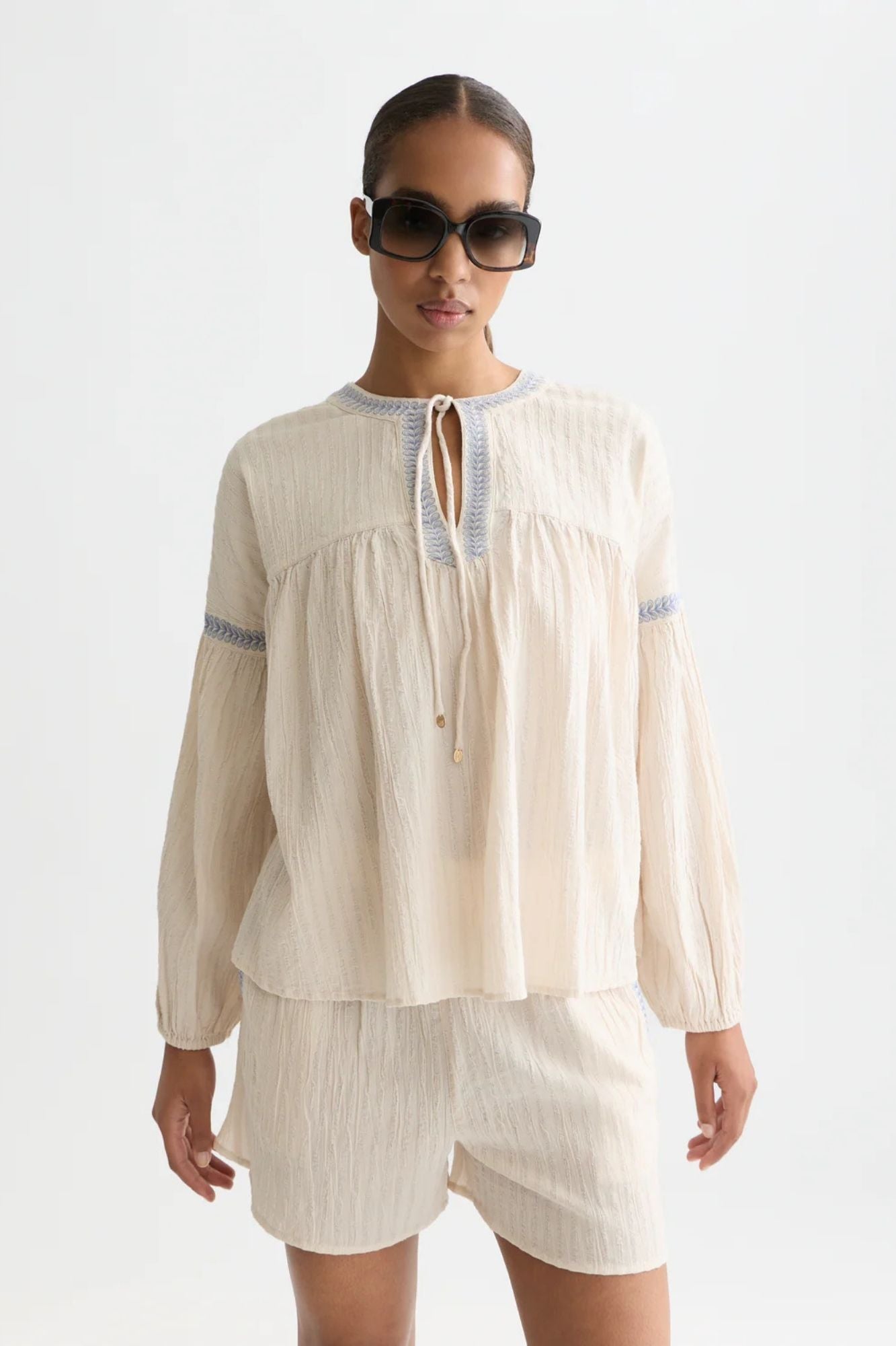 Cotton Crepe Blouse With Embroidered Details
