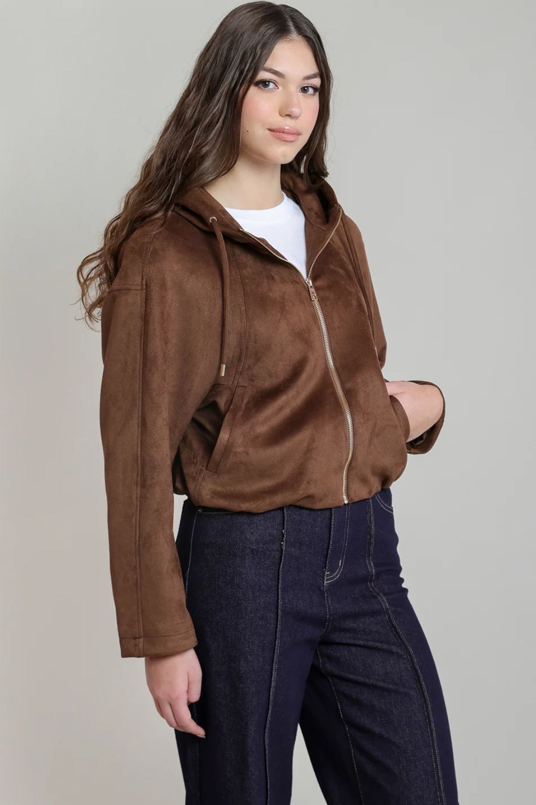Faux Suede Hooded Bomber