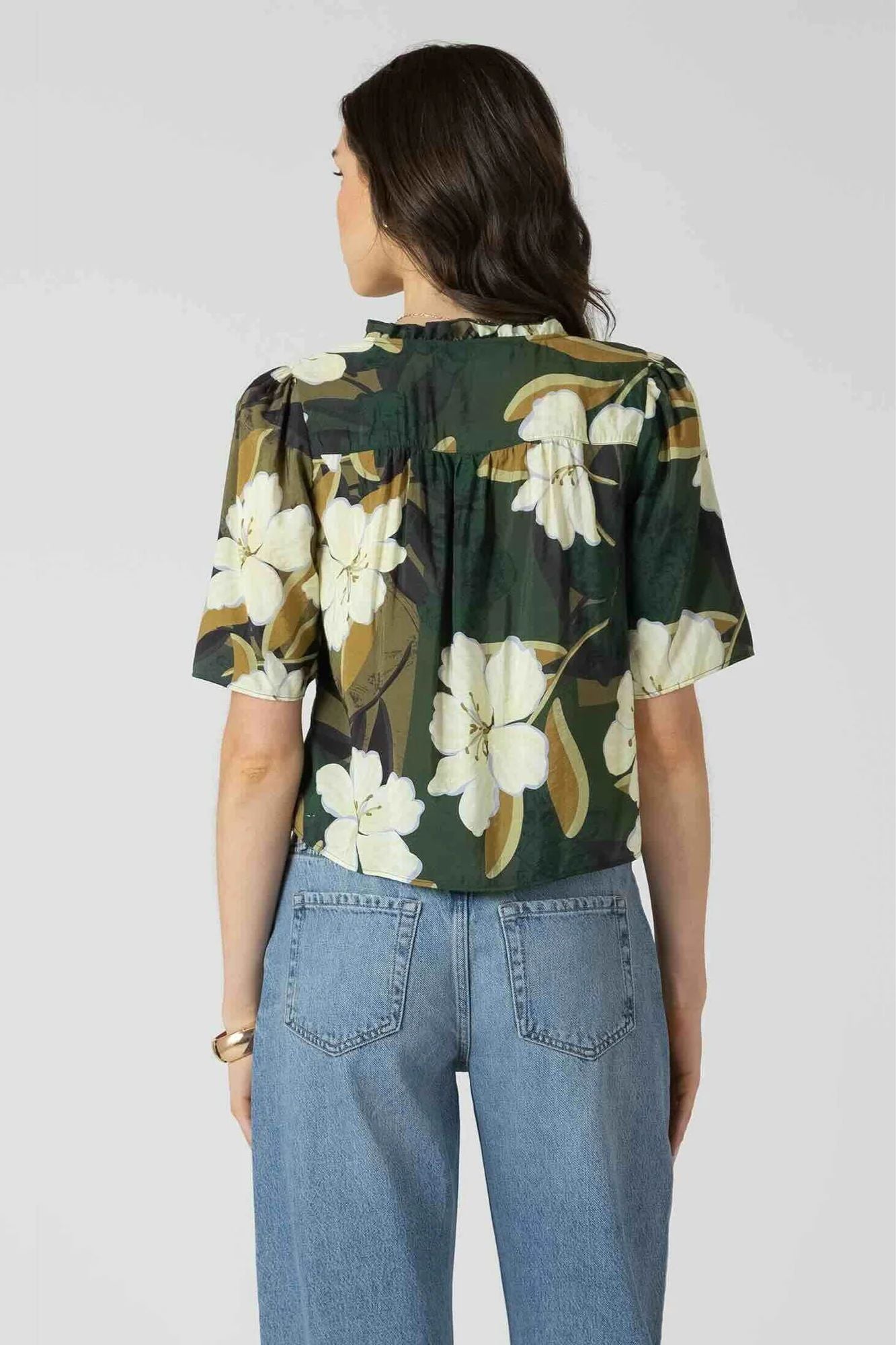 Button Front Ruffle Trim Blouse