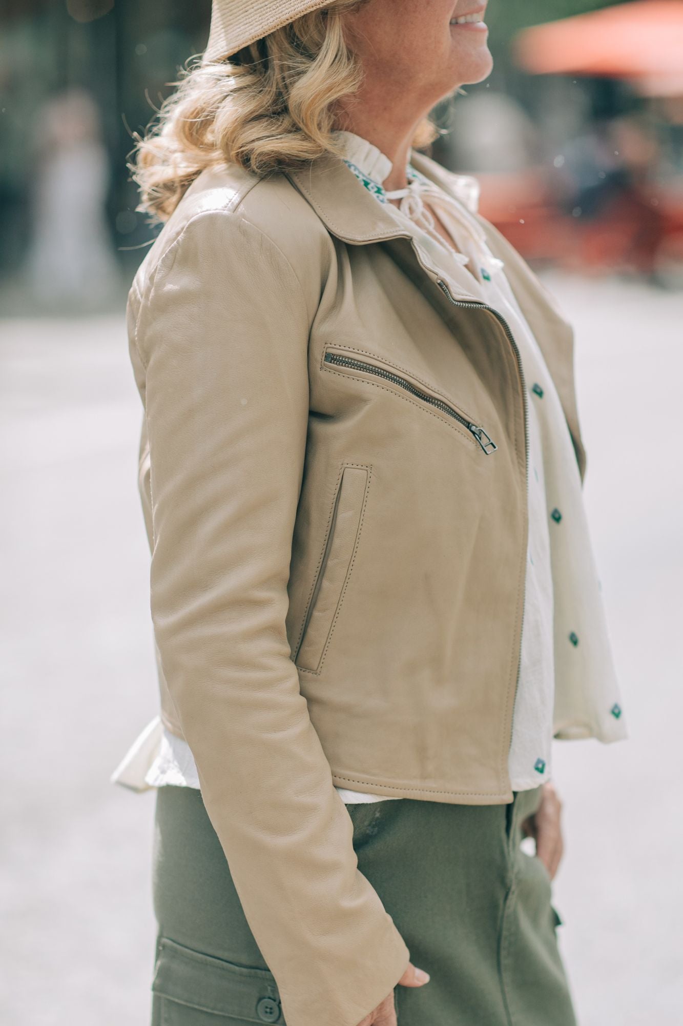 Cidney Plain Seashell Leather Jacket