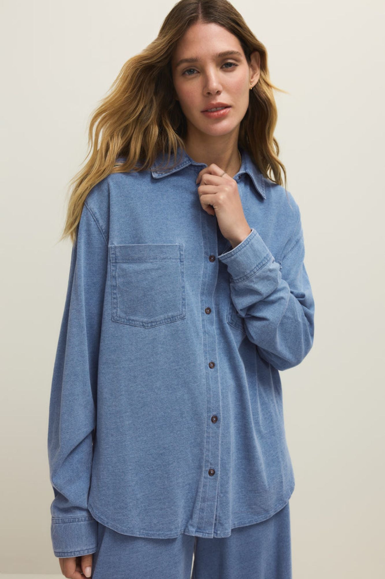 Reese Jersey Denim Button Up
