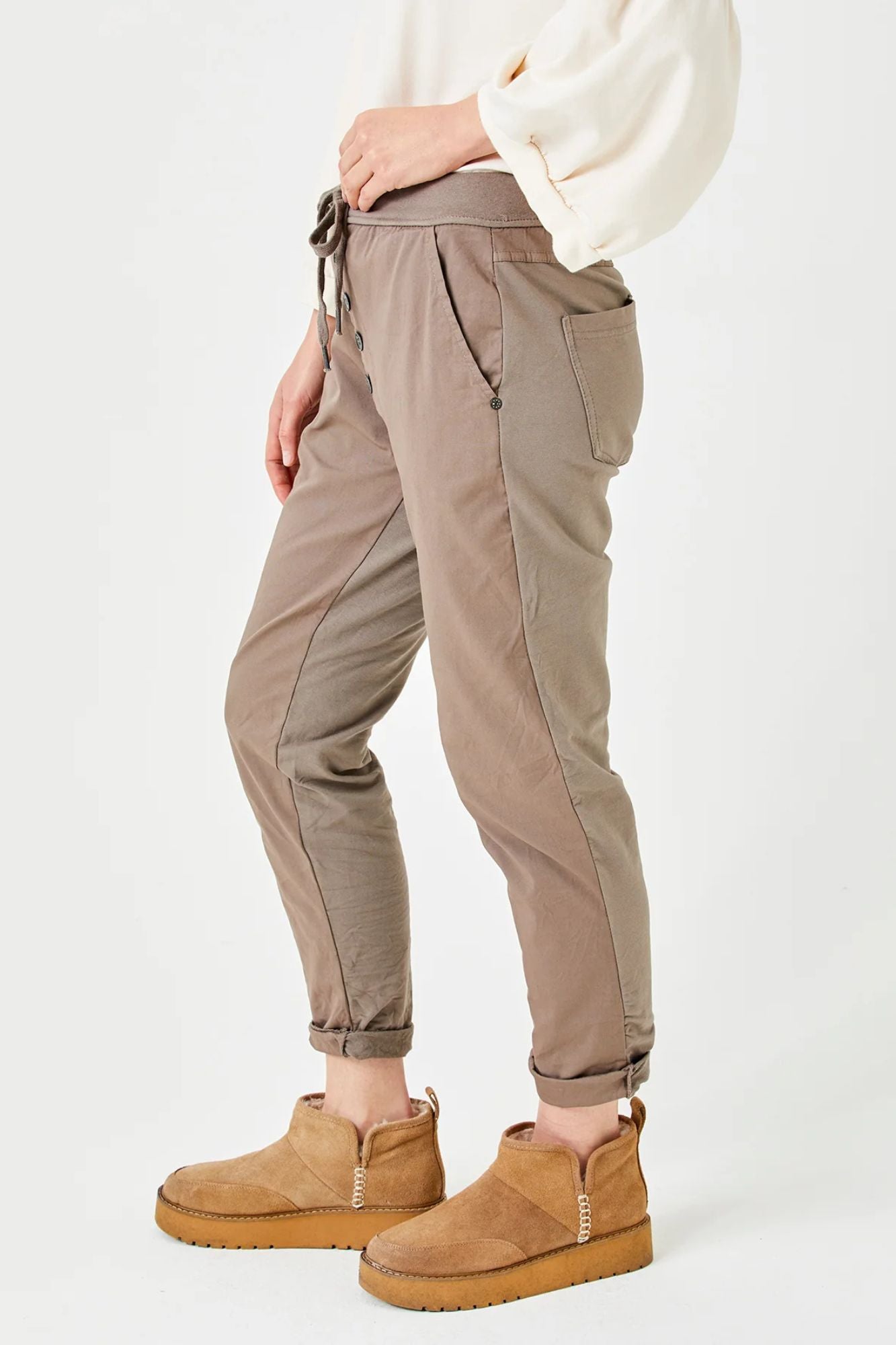 Becca Diagonal Button Joggers