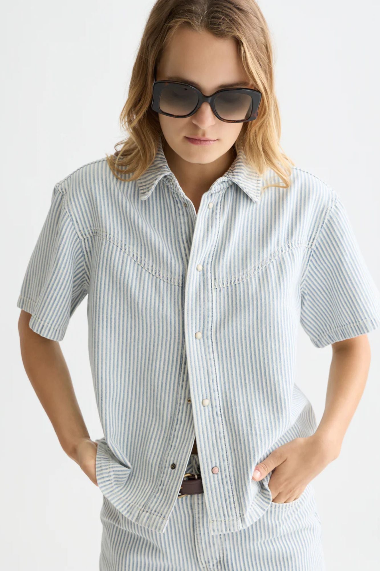Short Sleeve Denim Shirt Indigo Stripe