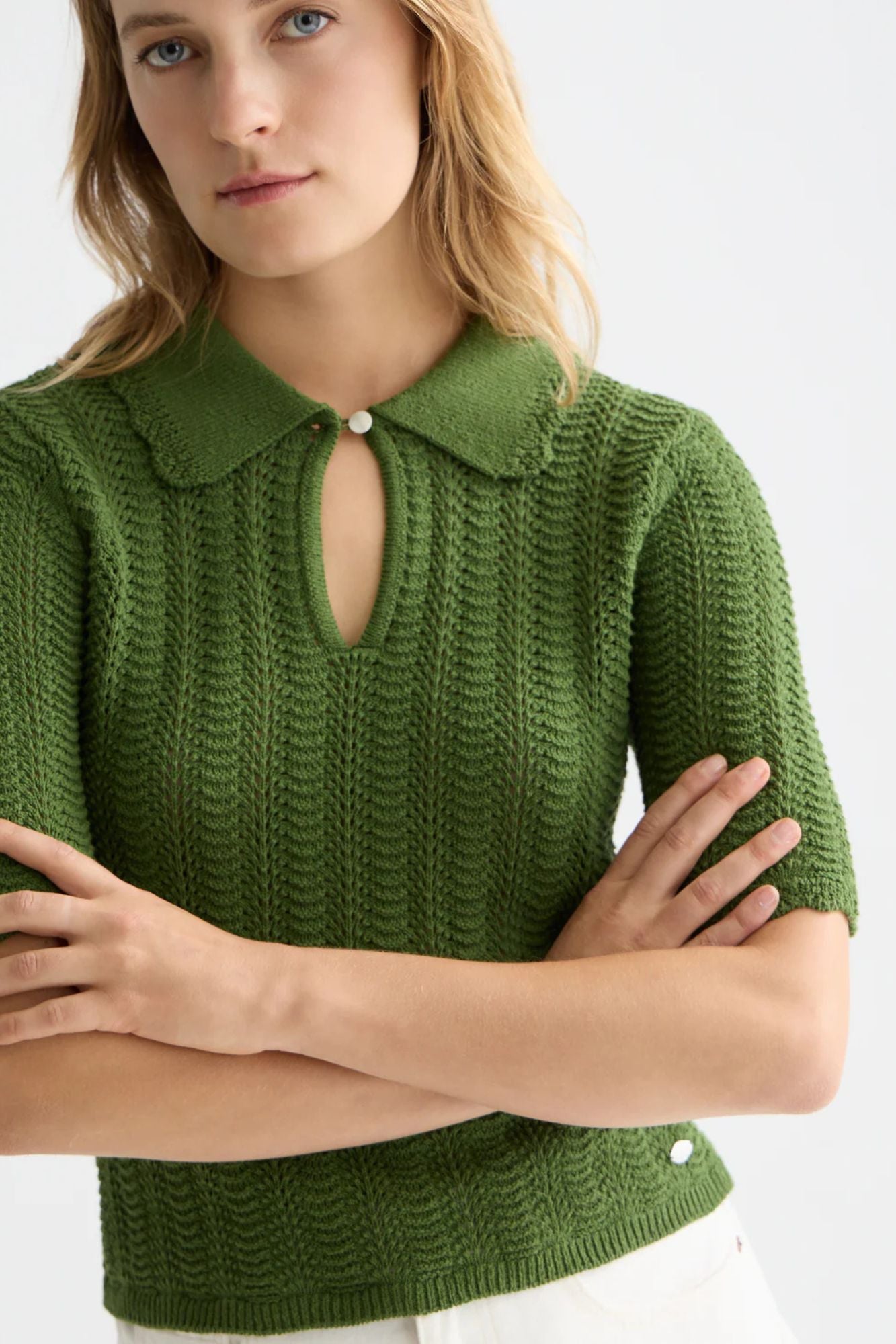 Pointelle Collared Knitted Tee