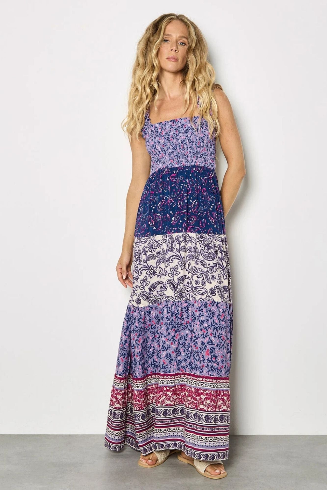 Patchwork Print Tiered Maxi Dress