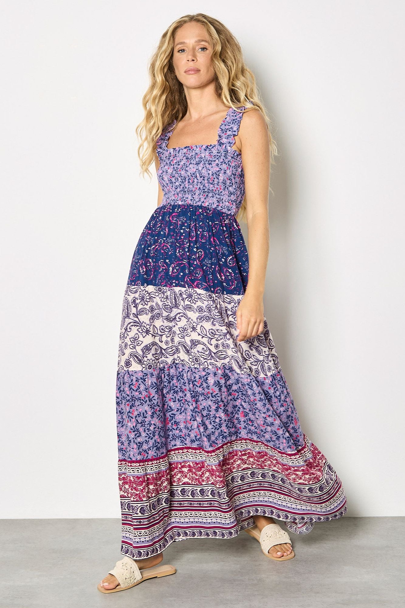 Patchwork Print Tiered Maxi Dress