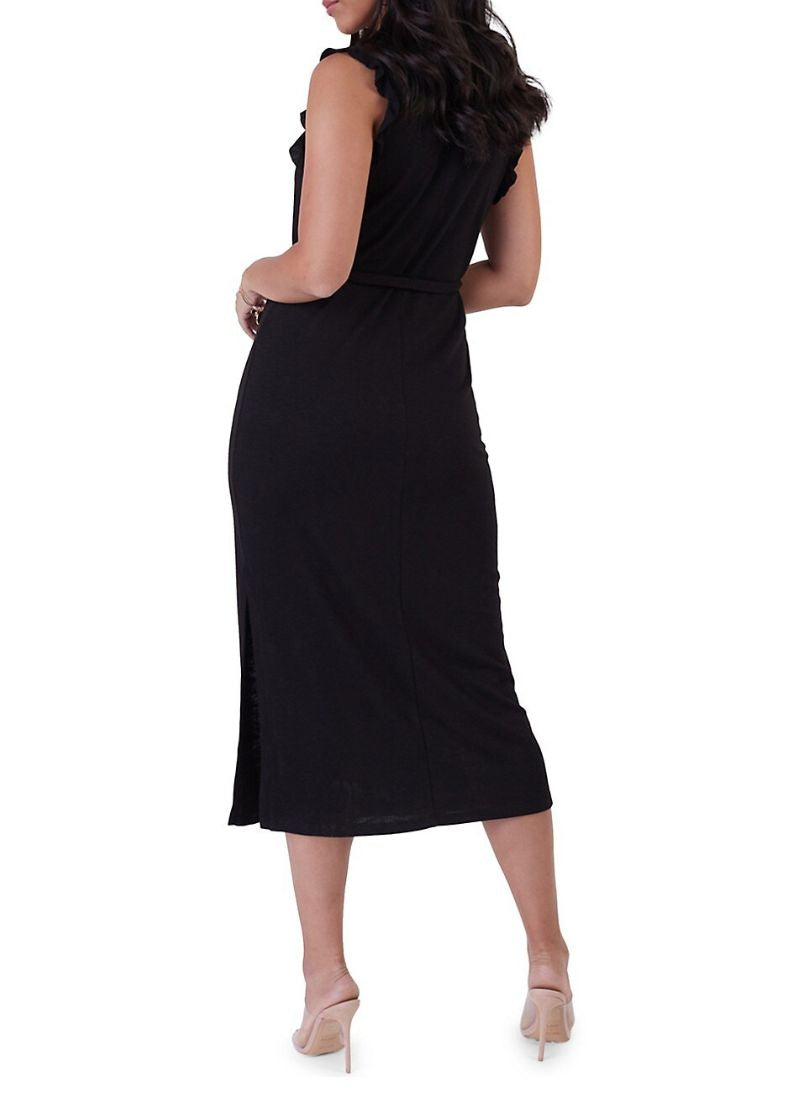 Ruffled Trim Midi V-Neck Dress