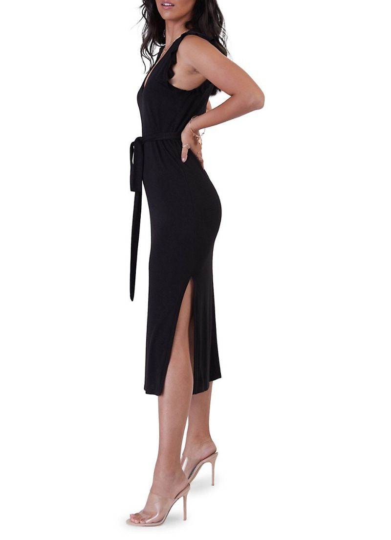 Ruffled Trim Midi V-Neck Dress