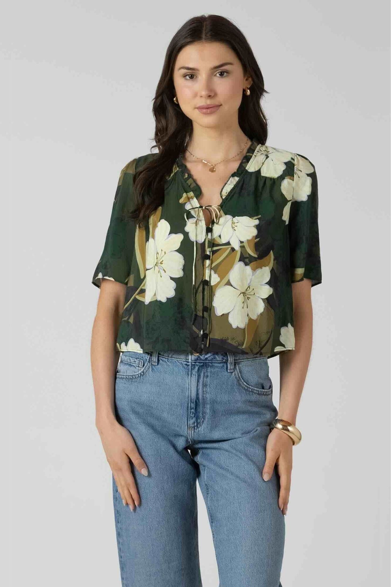 Button Front Ruffle Trim Blouse