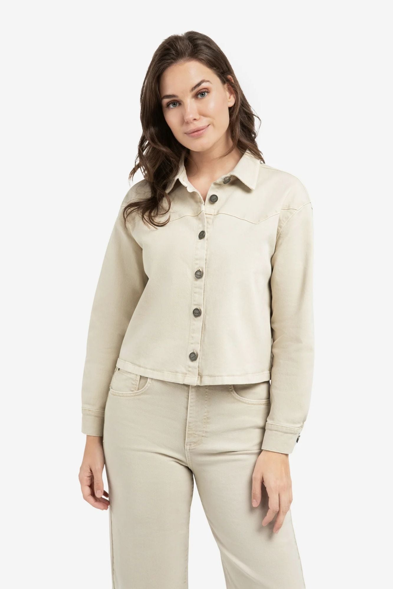 Colored Denim Jacket with Decorative Seams