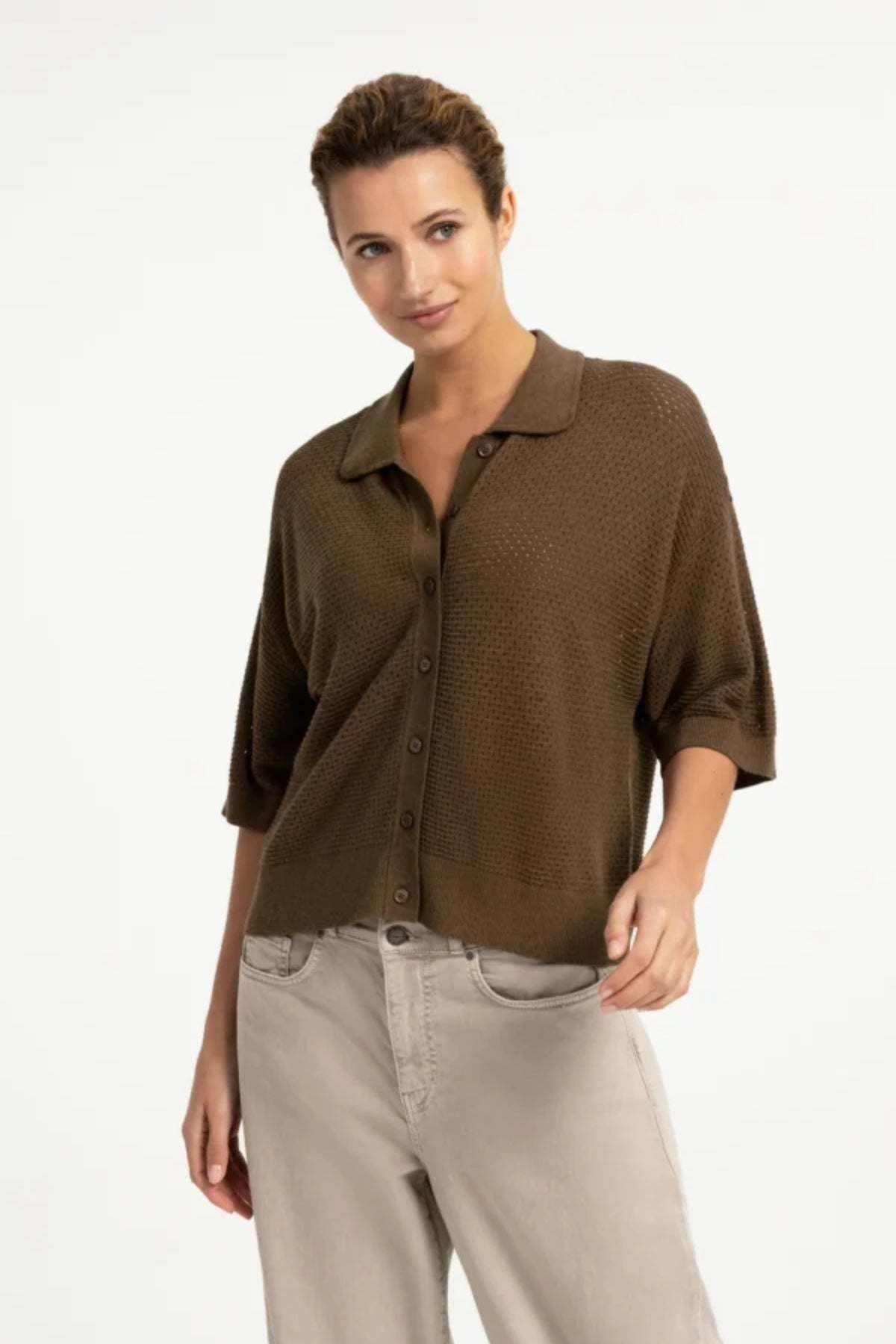 Mesh Stitch Short Sleeve Cardigan