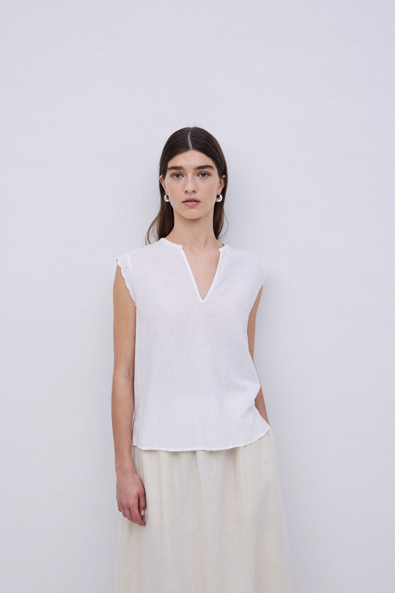 Two-Material Wave-Trim Blouse