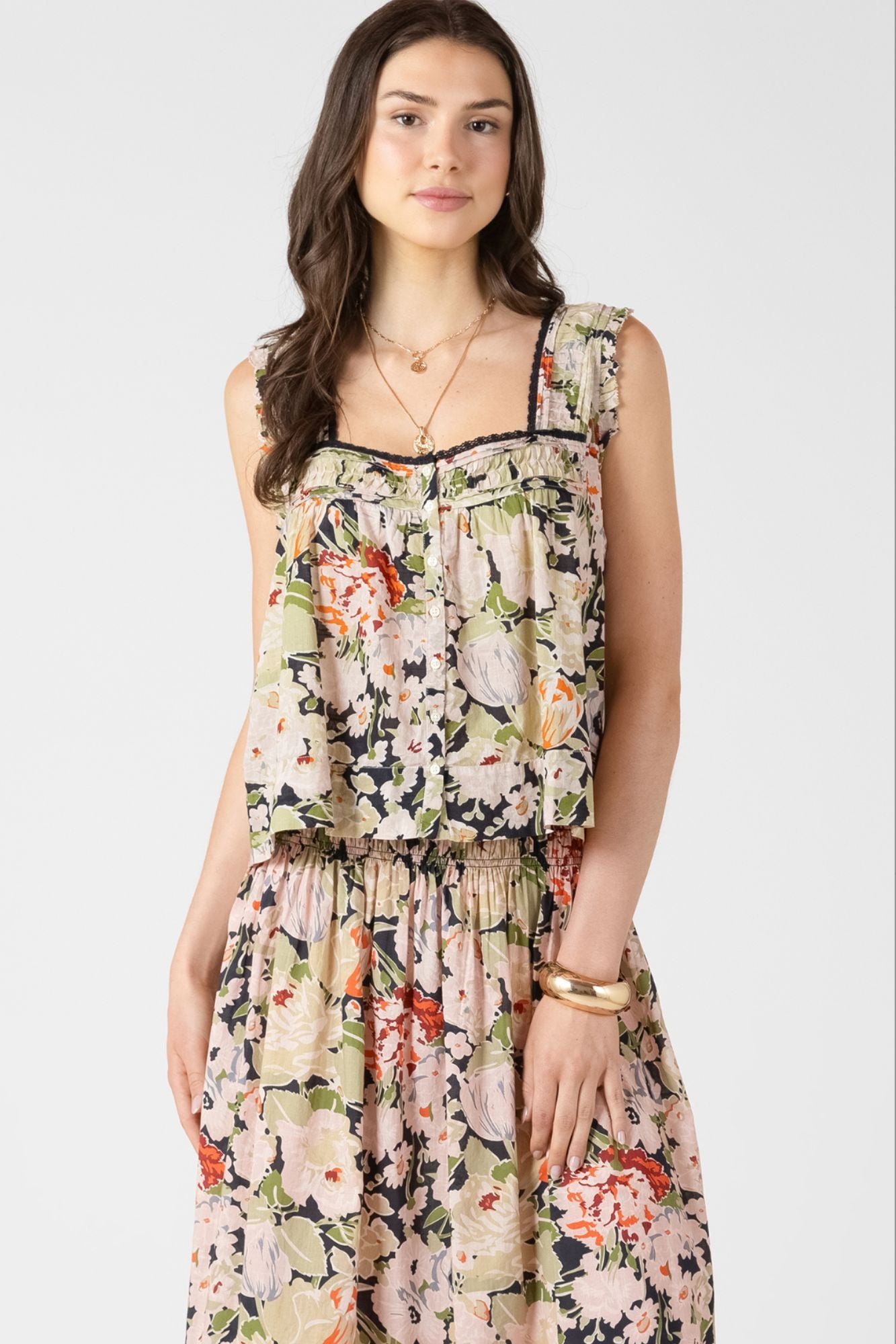 Pintuck Detail Button Front Tank