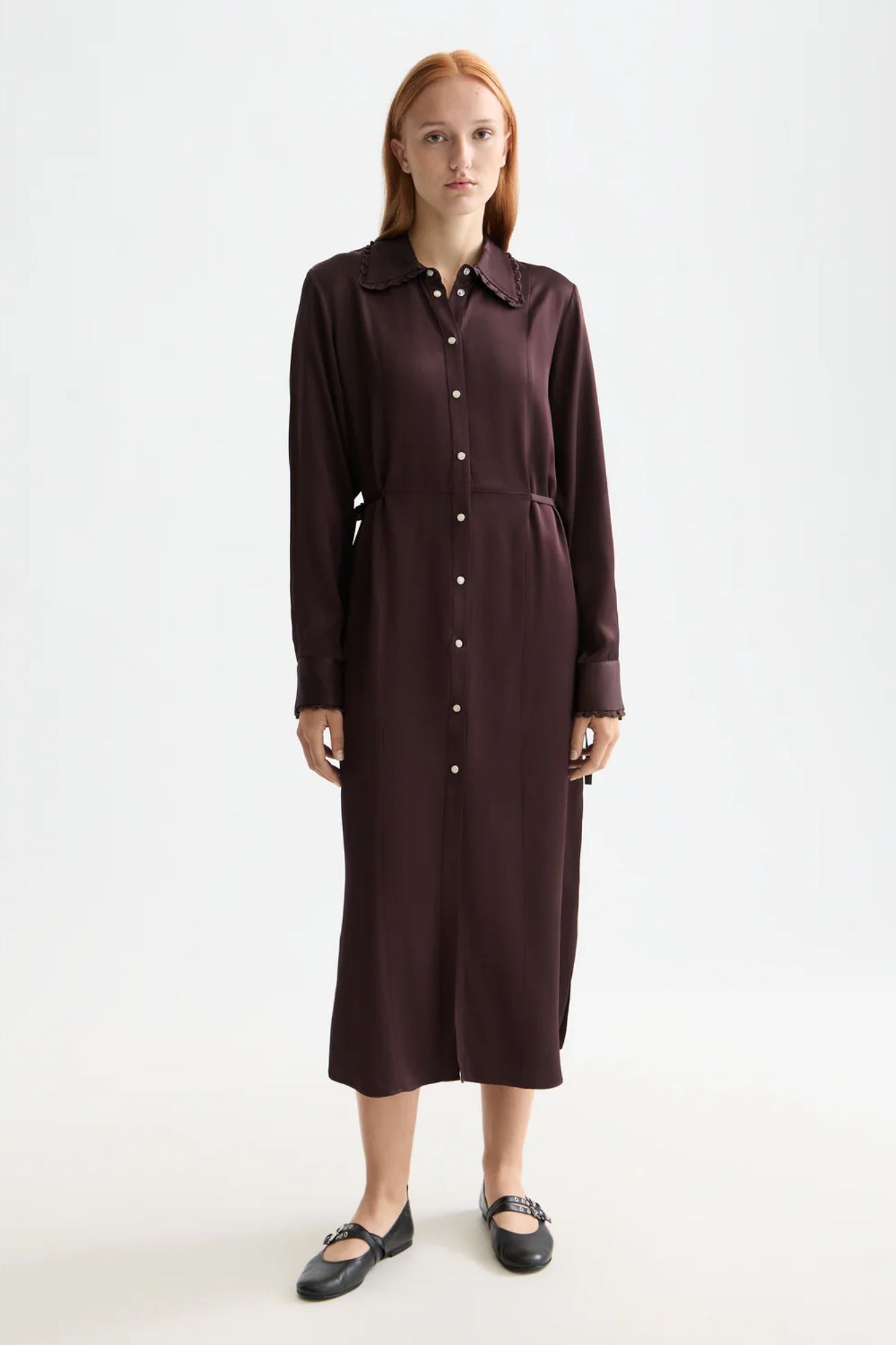 Midi Shirt Dress With Tied Waist and Ruffles