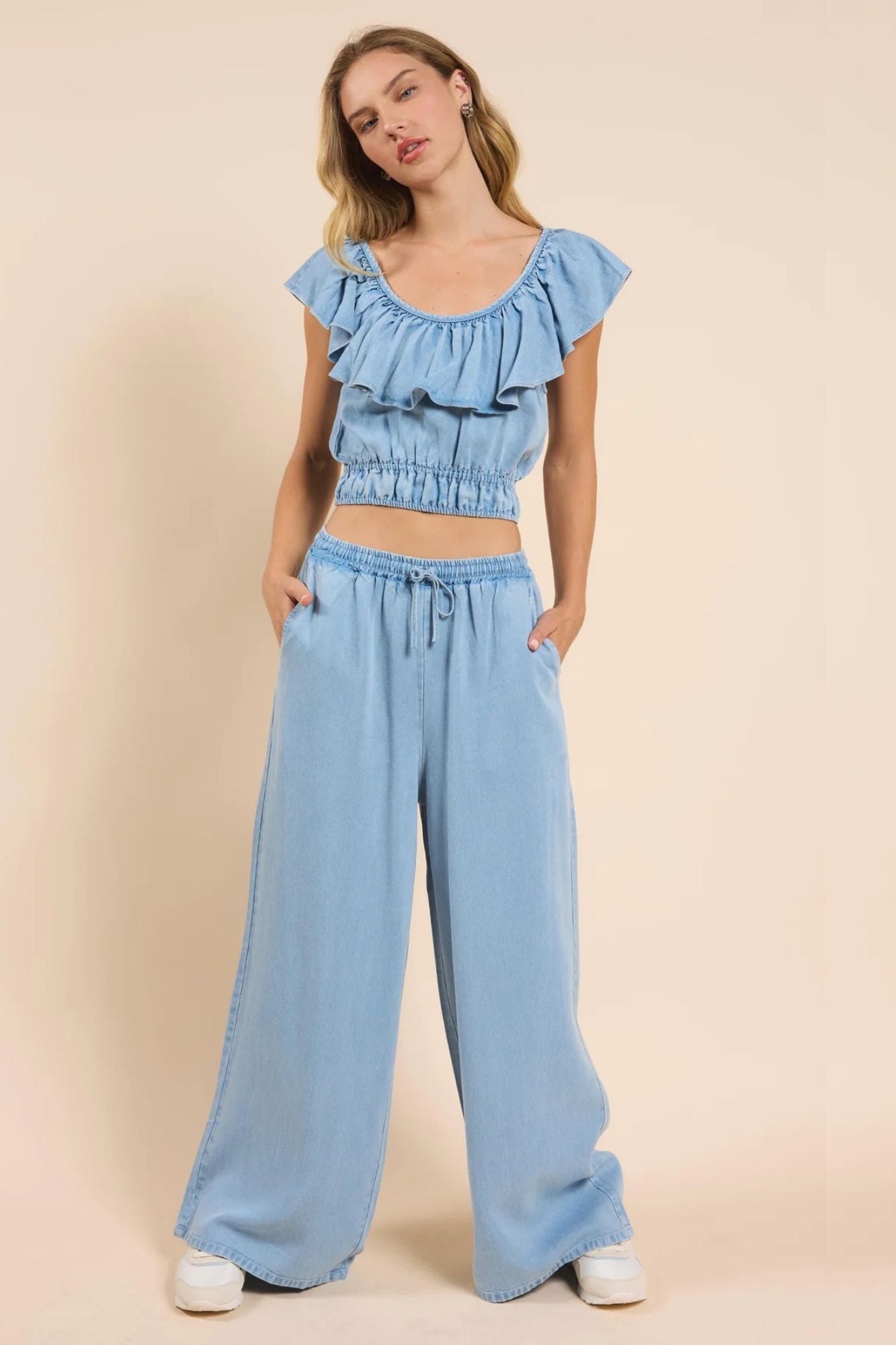 It's Pouring Wide Ruffle Neckline Top
