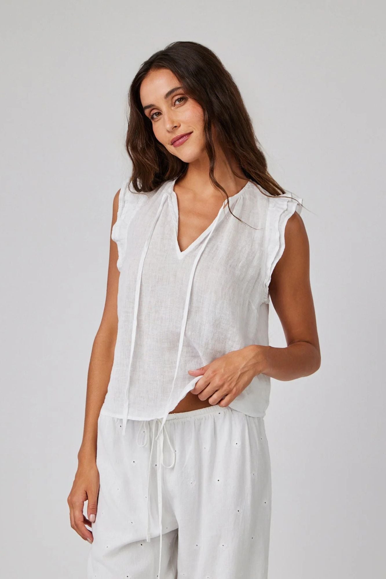 Ruffle Sleeve Tie Neck Top