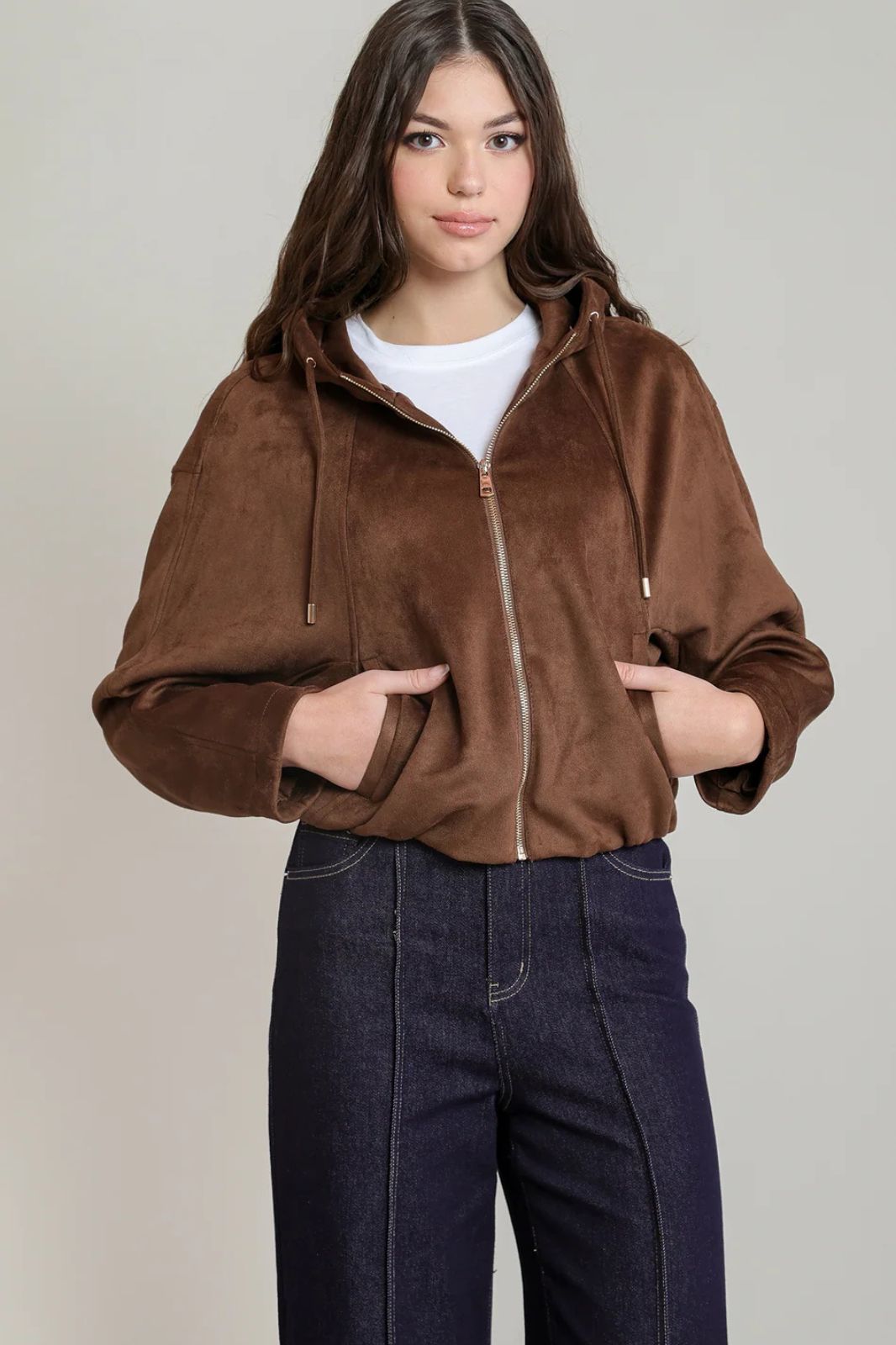 Faux Suede Hooded Bomber