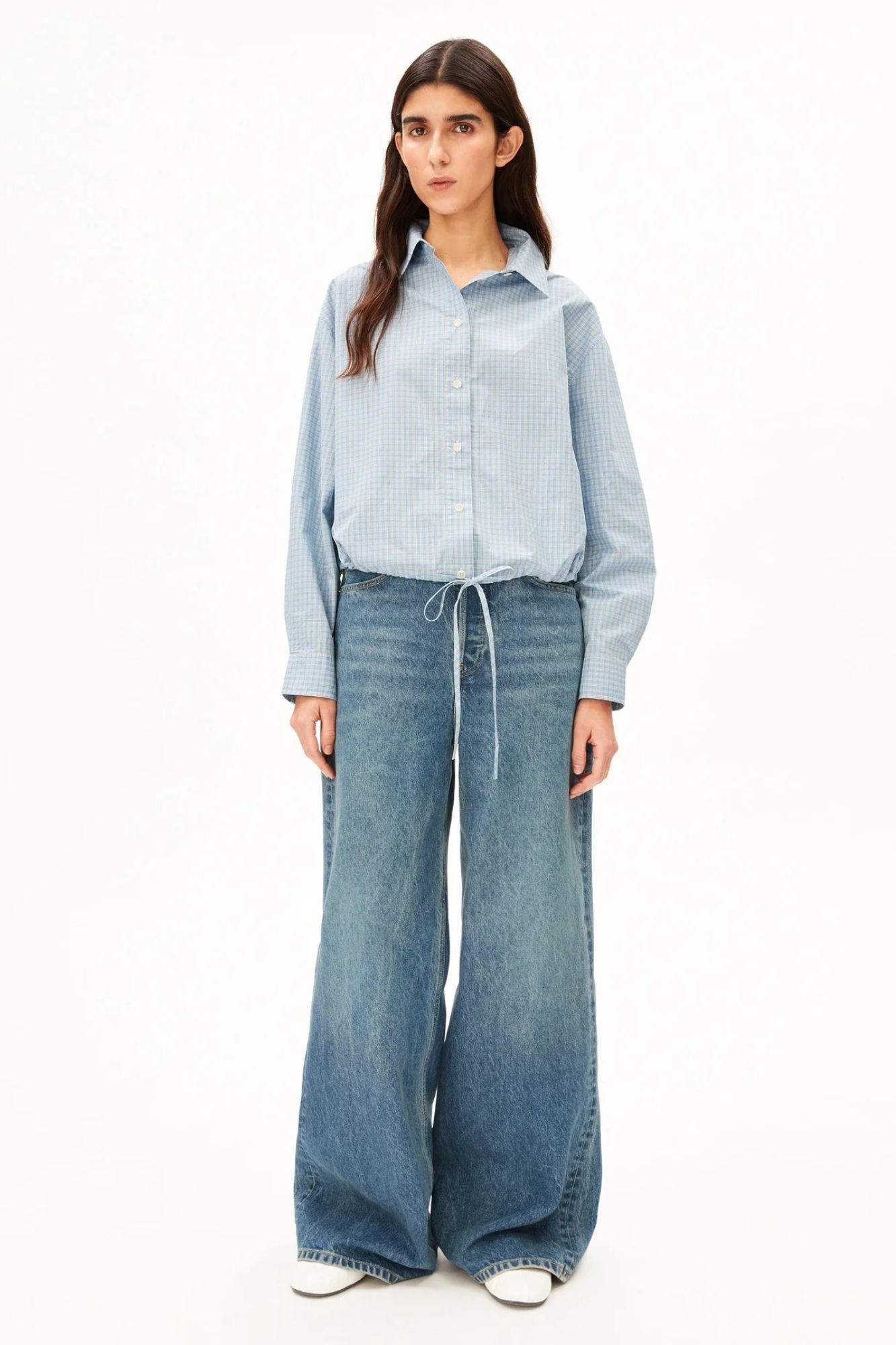Mini-Check Drawstring Blouse