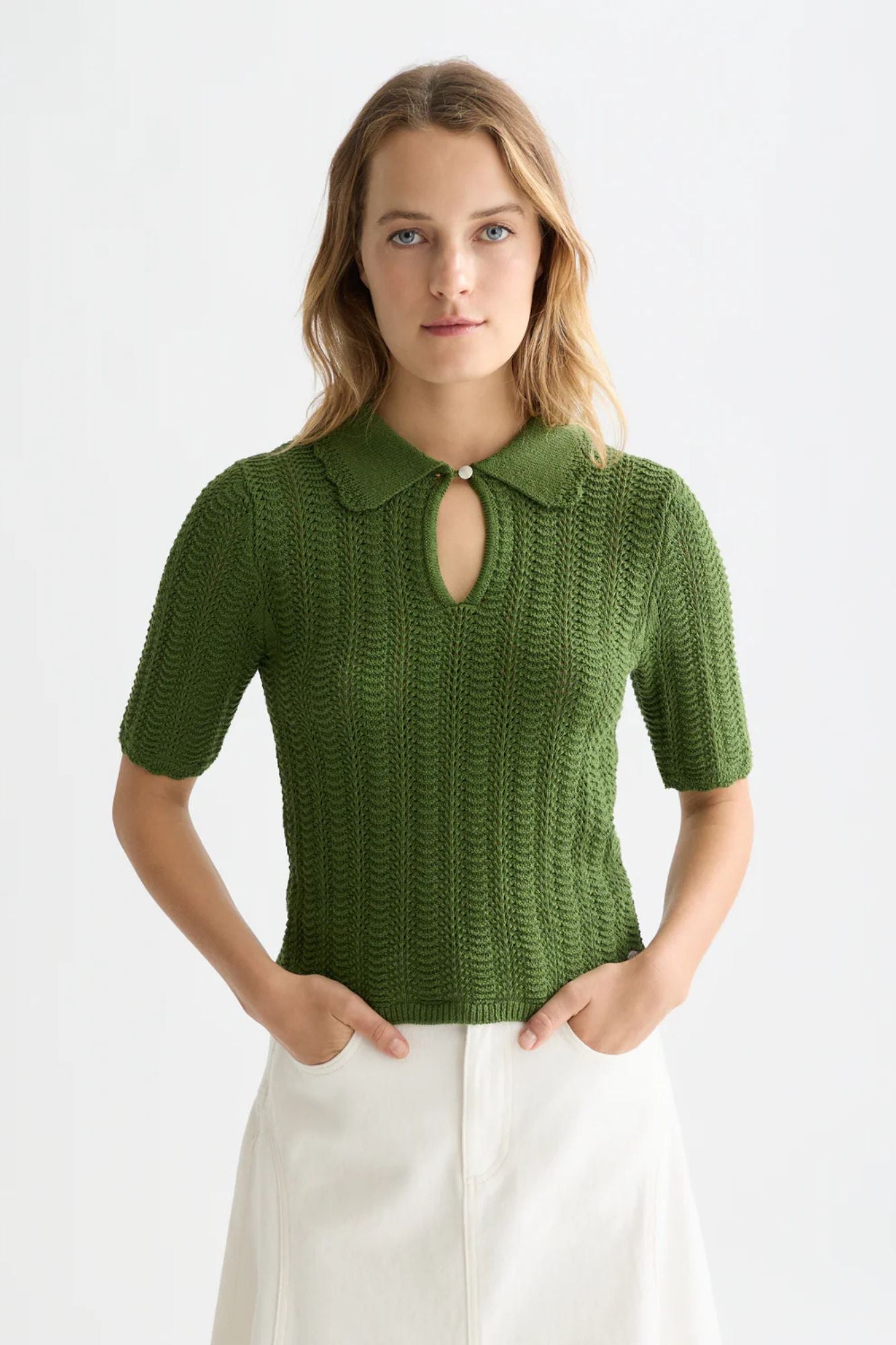 Pointelle Collared Knitted Tee