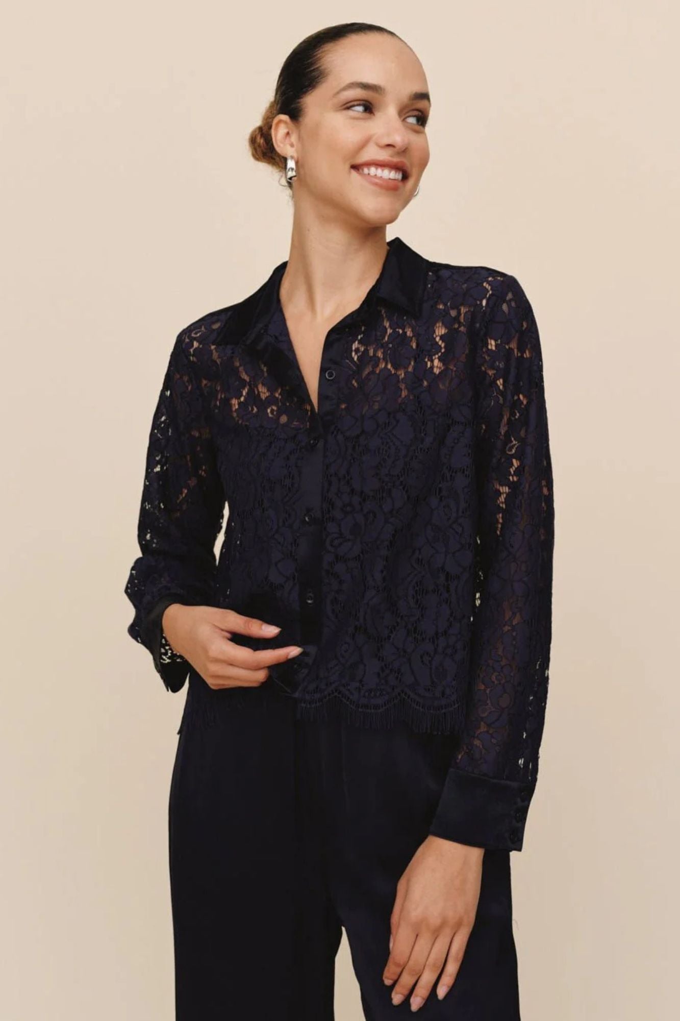 Lace Contrast Button Down