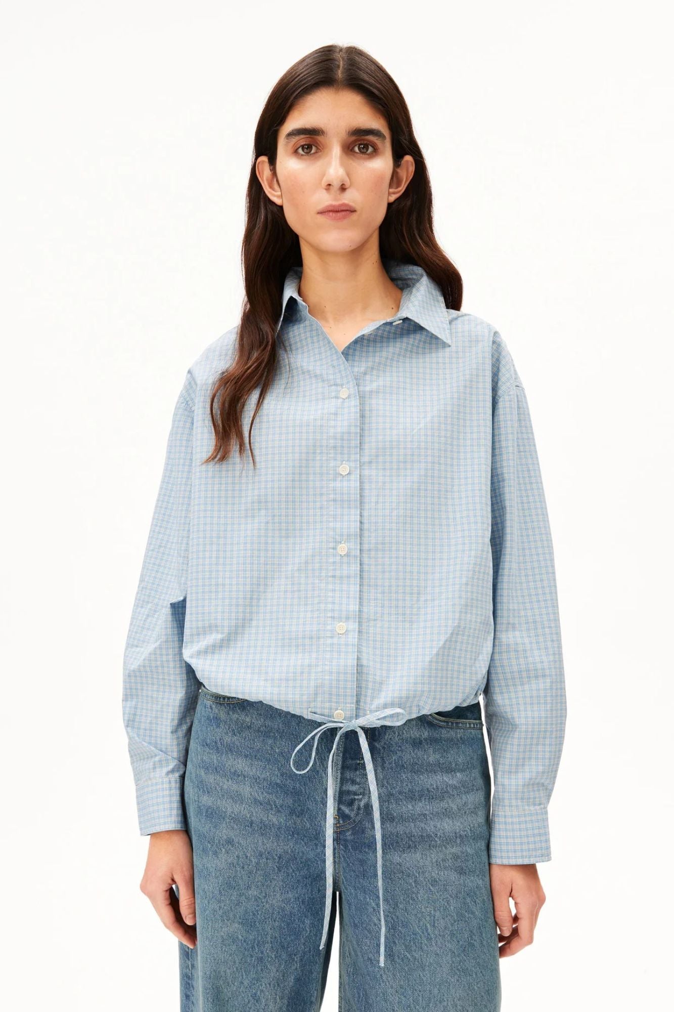 Mini-Check Drawstring Blouse