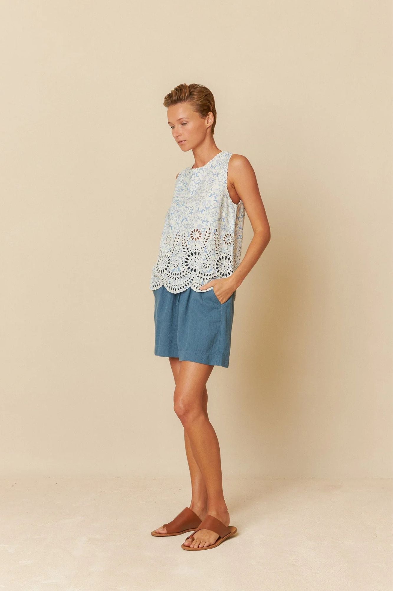 Printed Camisole With Eyelet Hemline