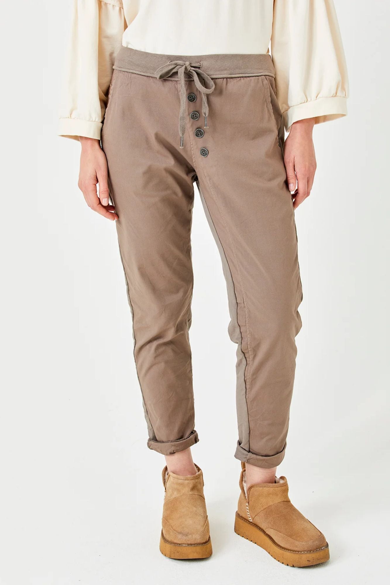 Becca Diagonal Button Joggers