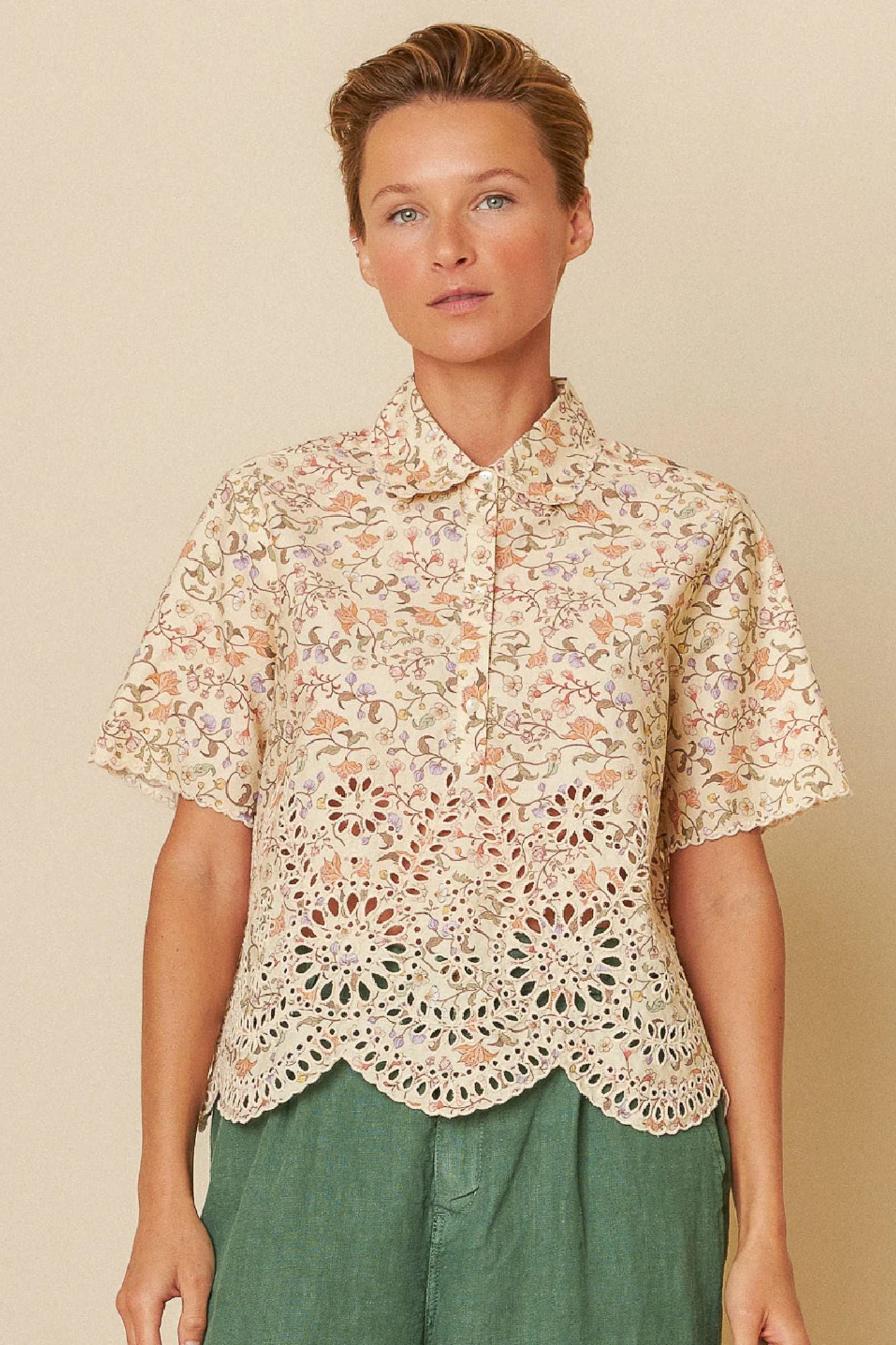 Printed Blouse With Eyelet Hemline