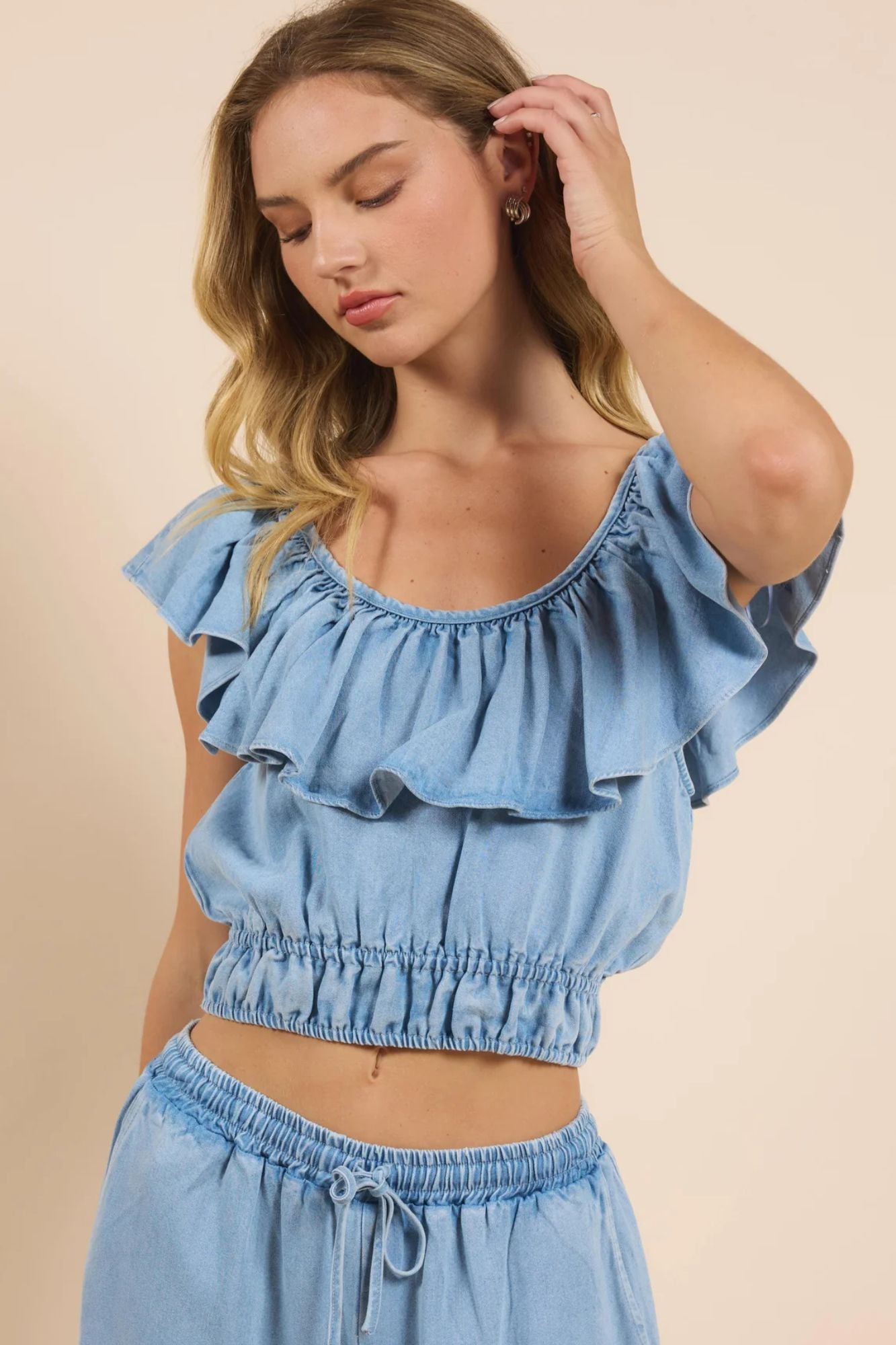 It's Pouring Wide Ruffle Neckline Top