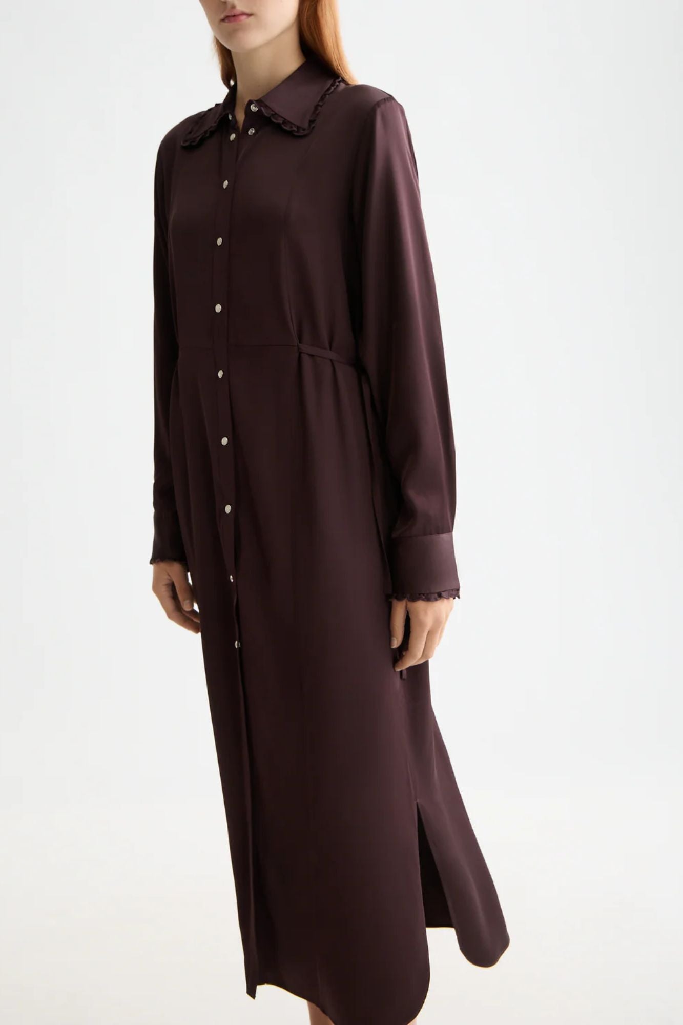 Midi Shirt Dress With Tied Waist and Ruffles