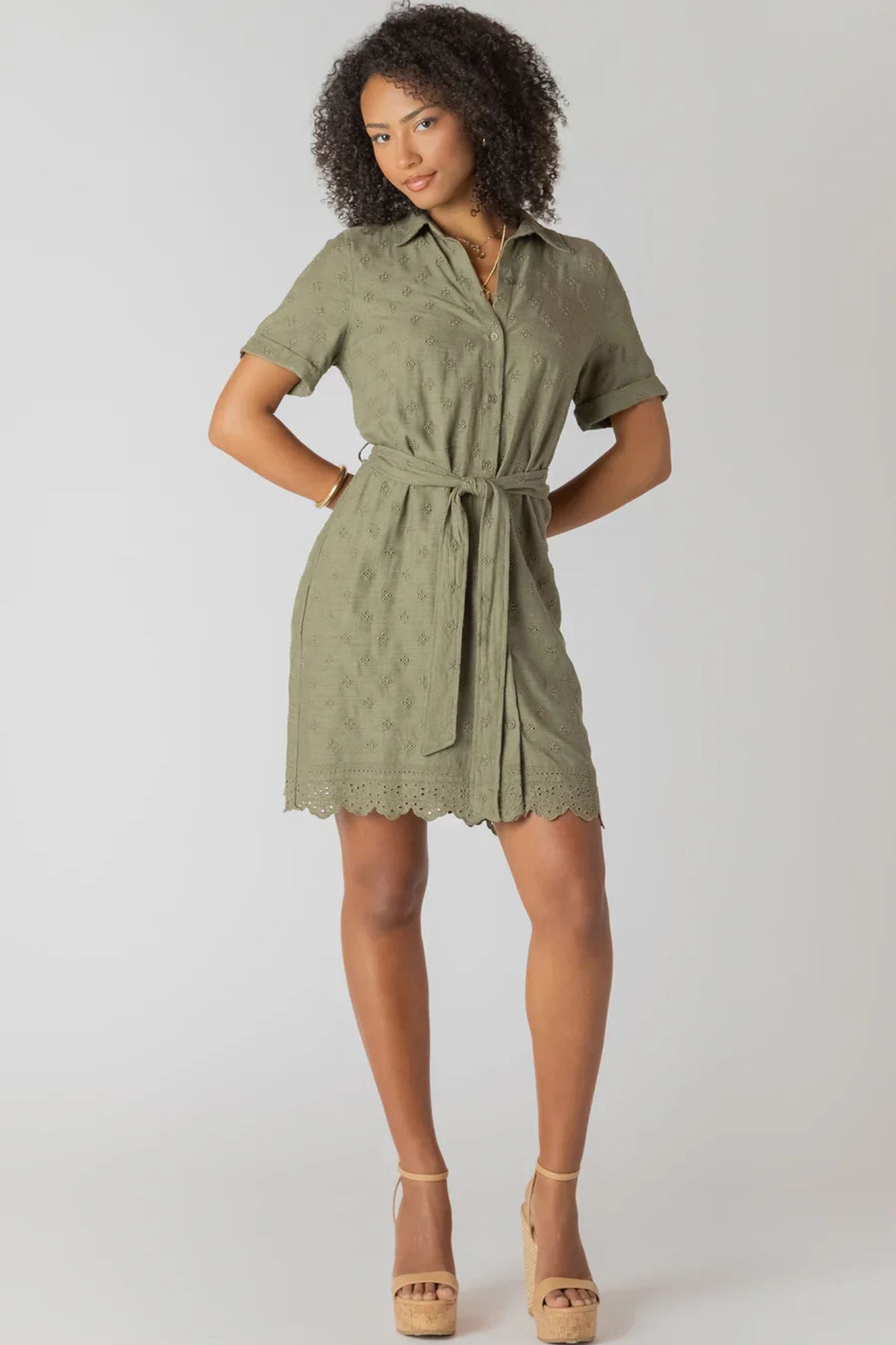 Linen Belted Eyelet Hem Mini Shirt Dress