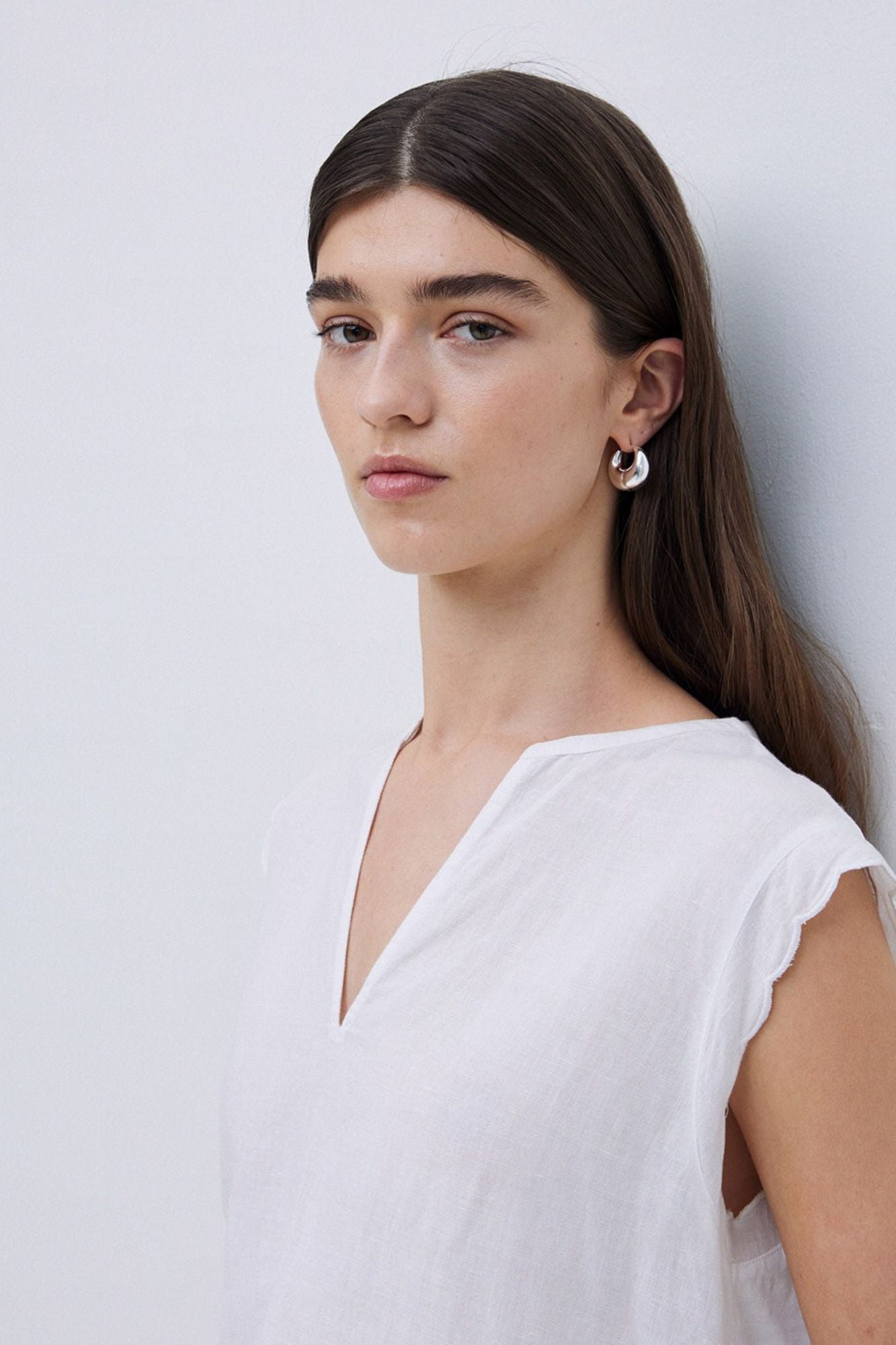 Two-Material Wave-Trim Blouse