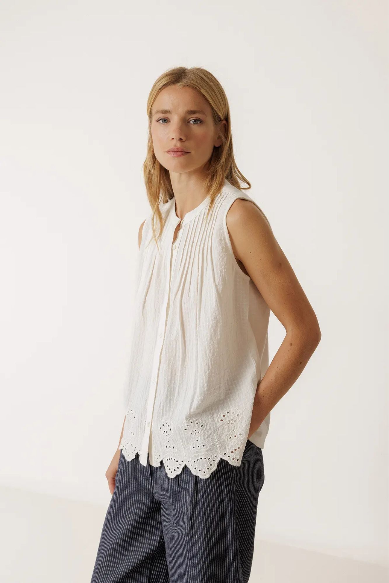 Pintuck Embroidered T-Shirt