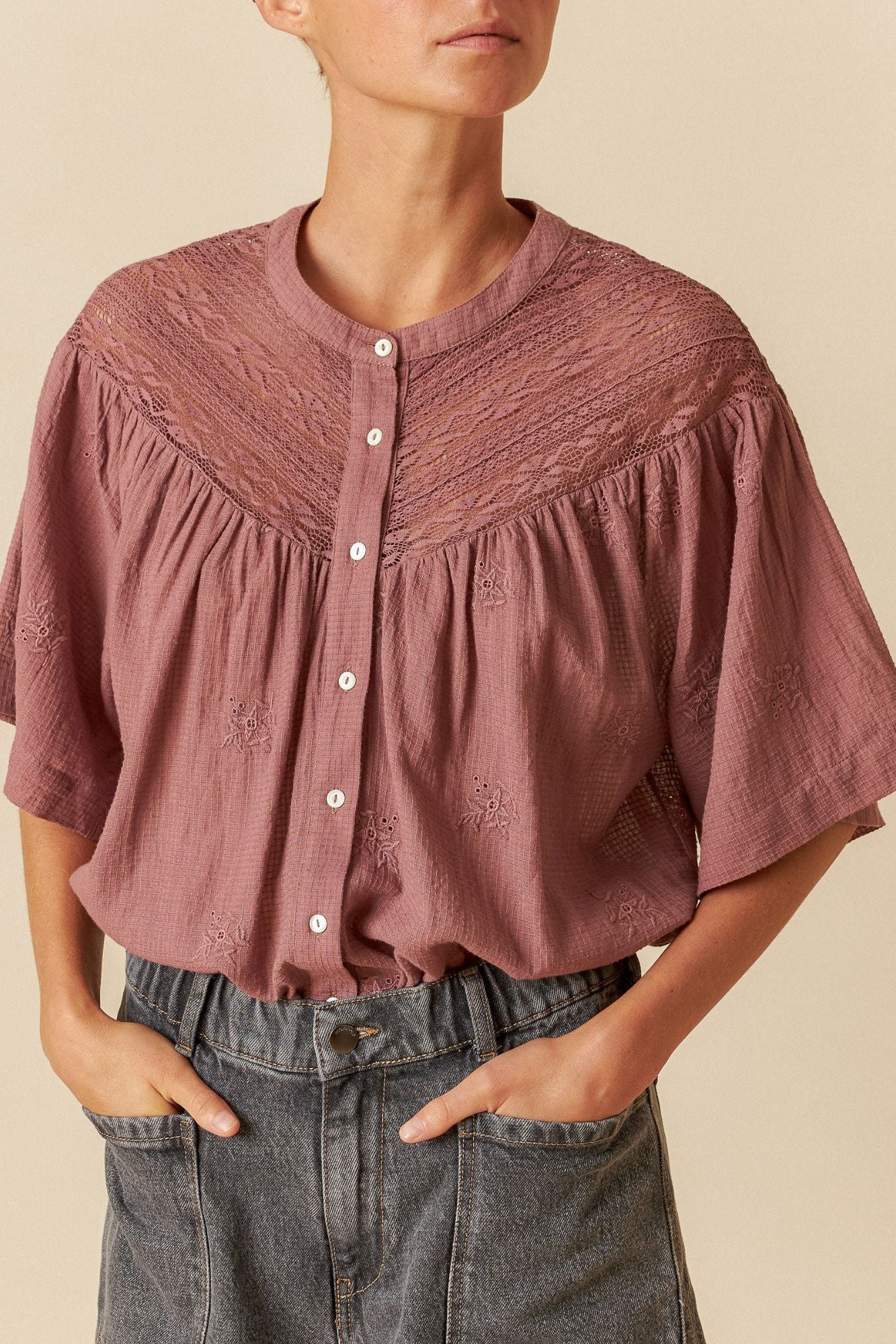 Lace Inset Yoked Blouse
