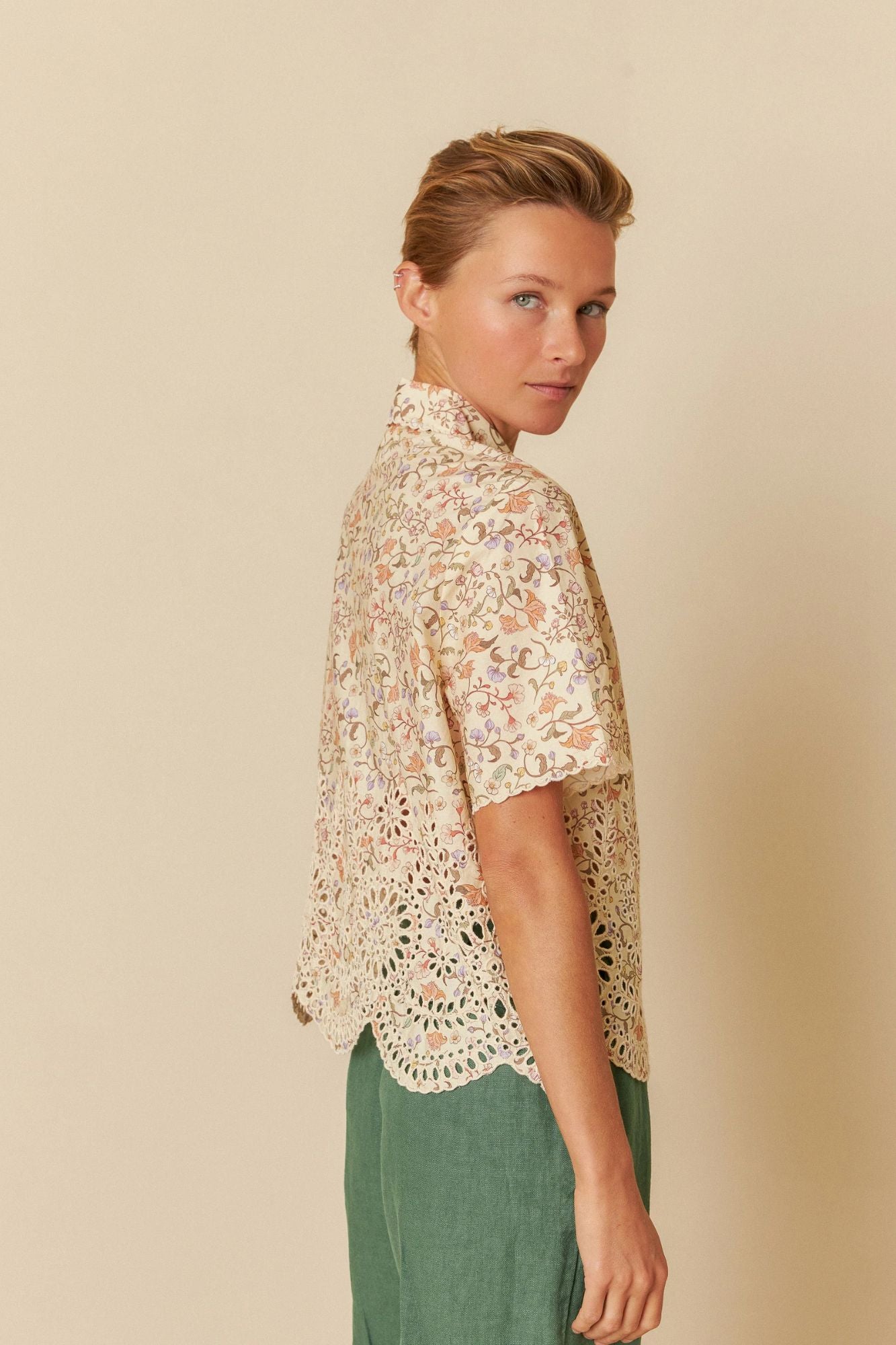 Printed Blouse With Eyelet Hemline