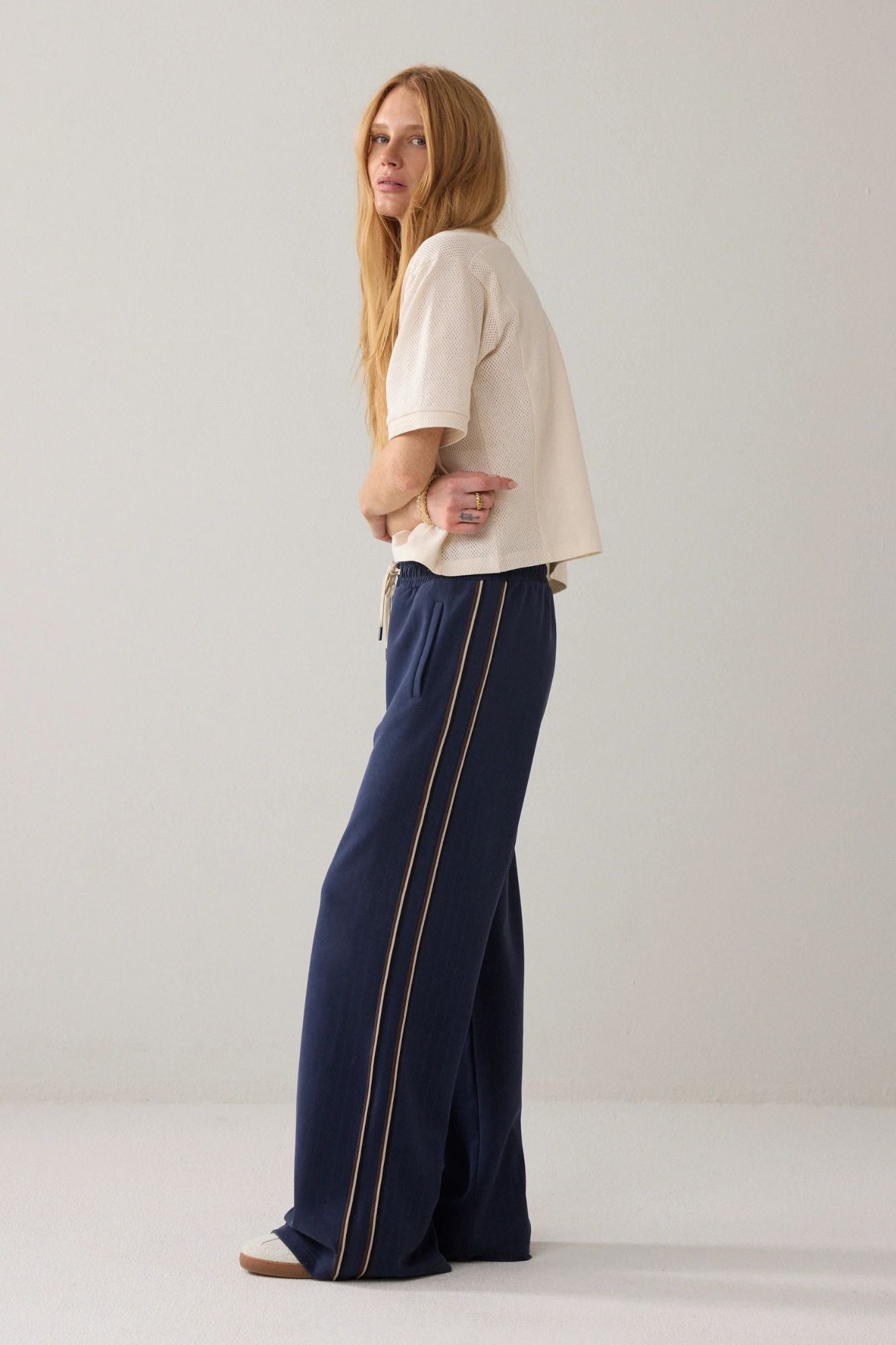 Pinstripe Trousers in Scuba Fabric