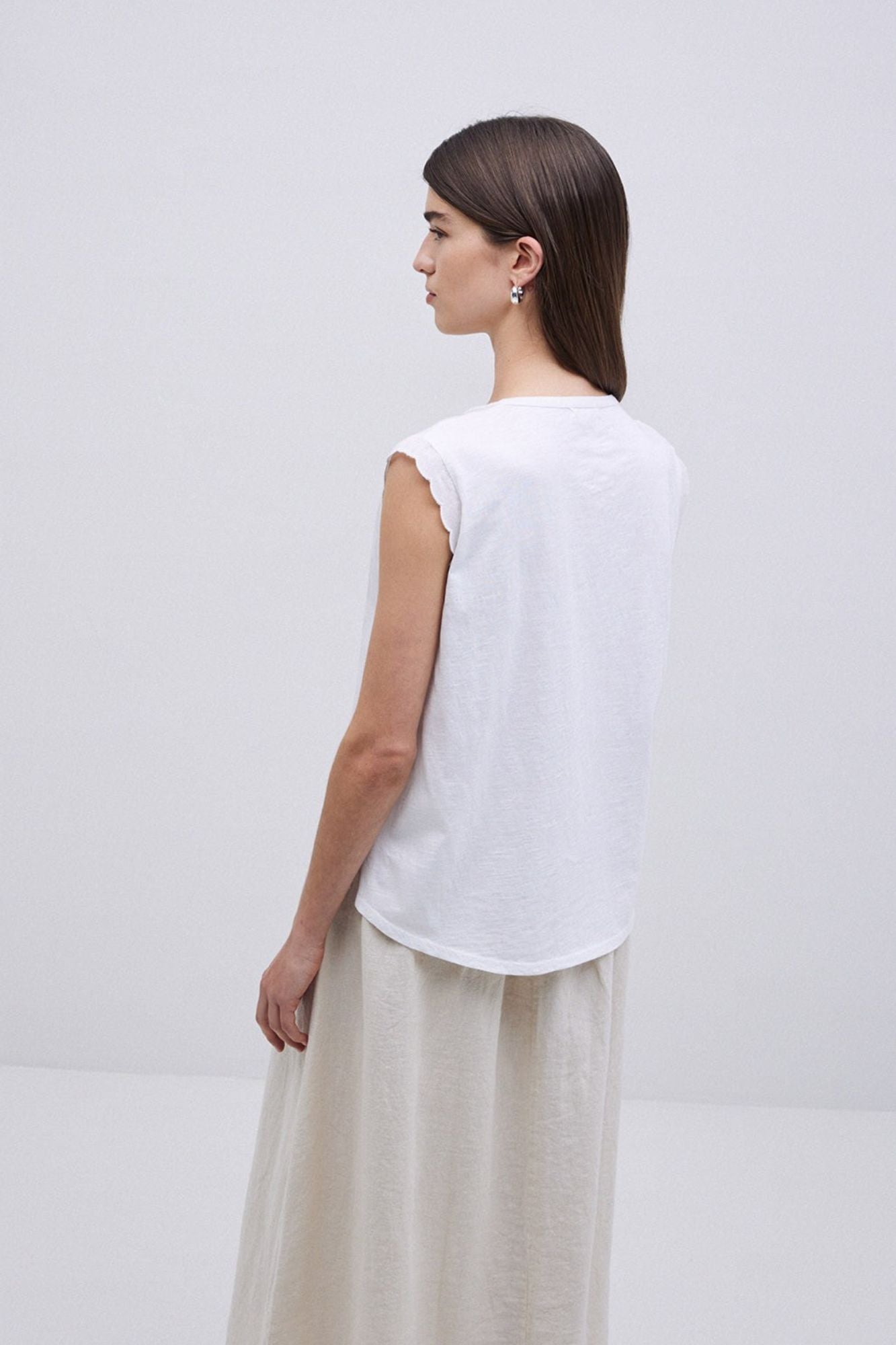 Two-Material Wave-Trim Blouse