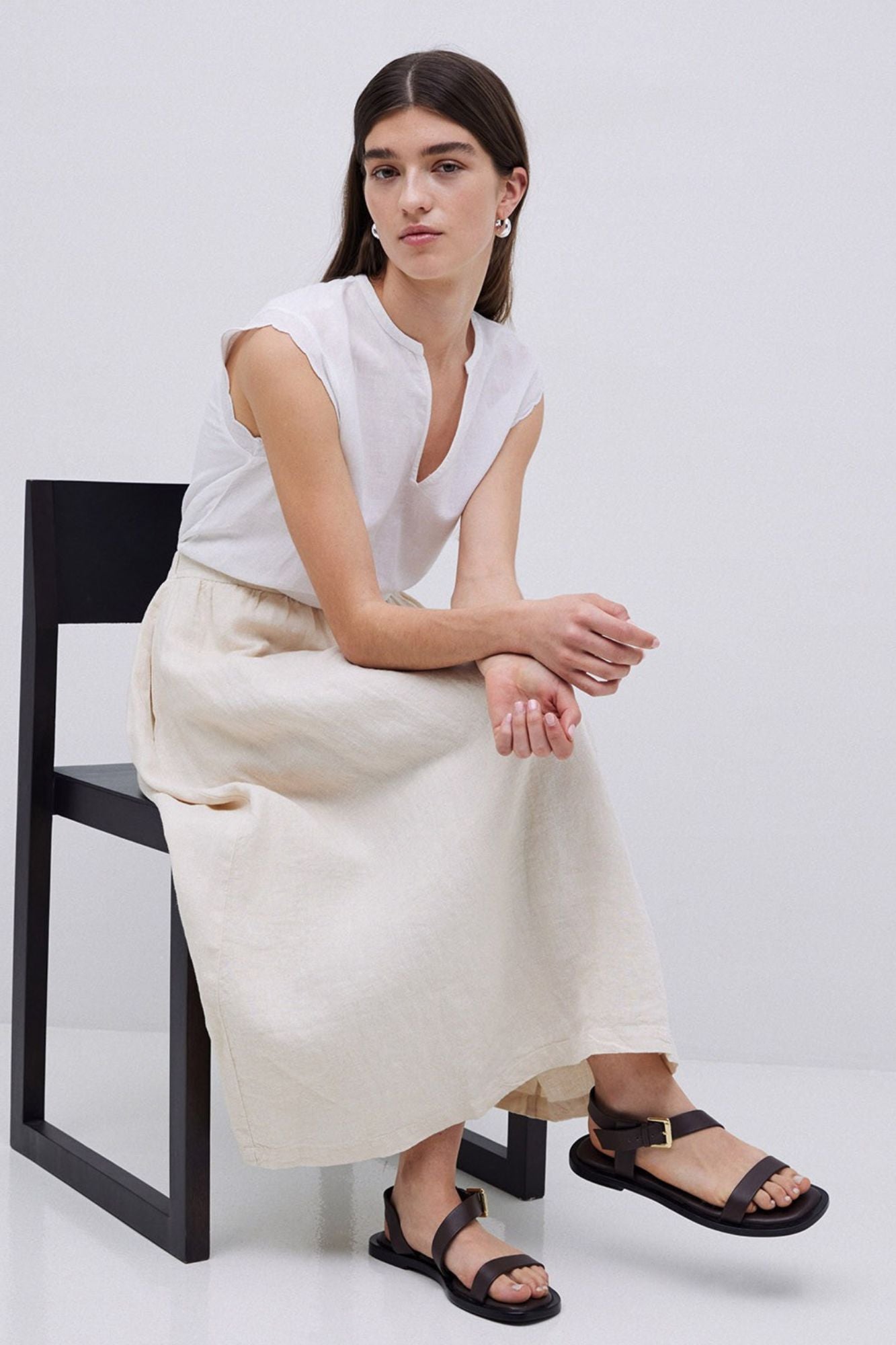 Two-Material Wave-Trim Blouse