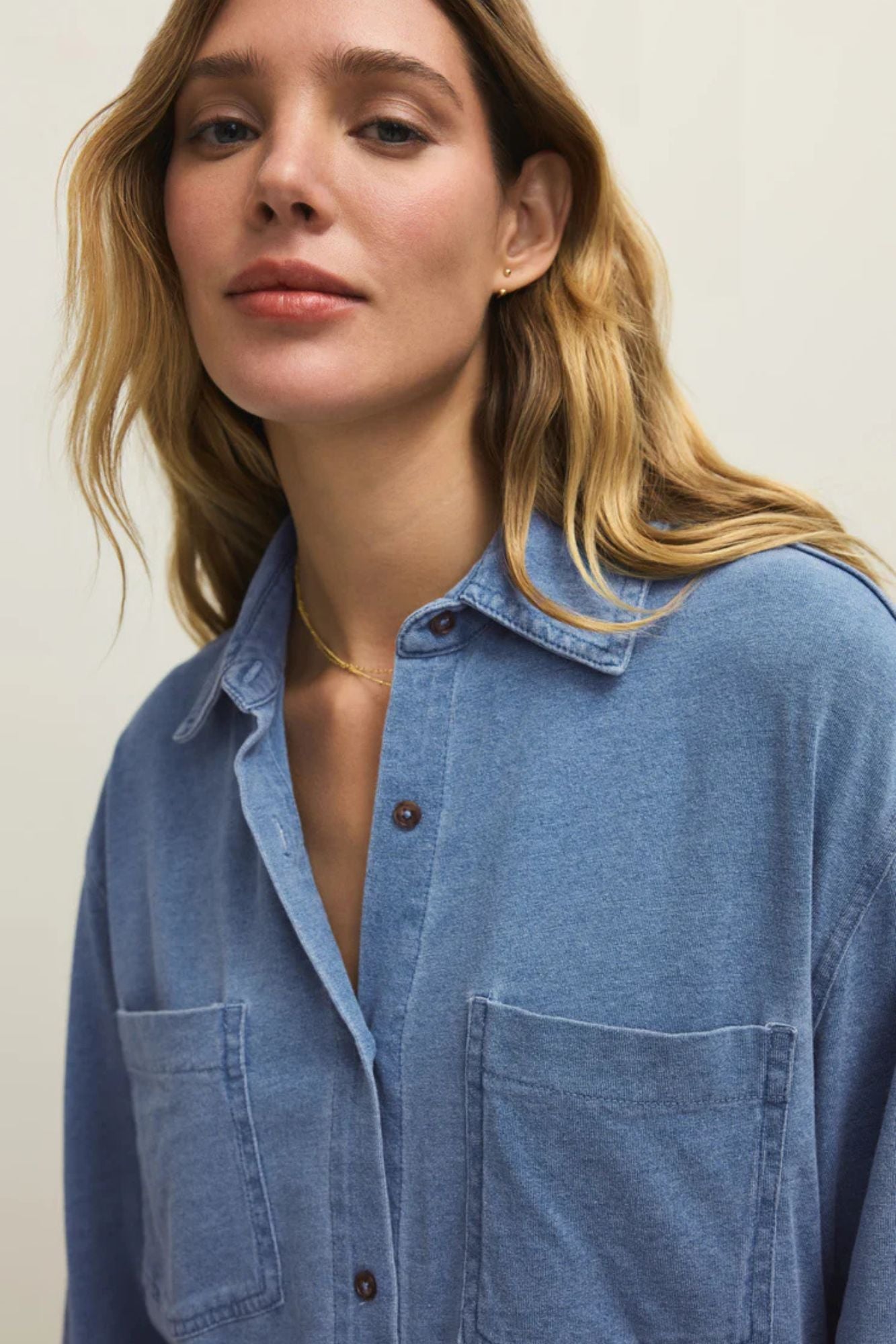 Reese Jersey Denim Button Up