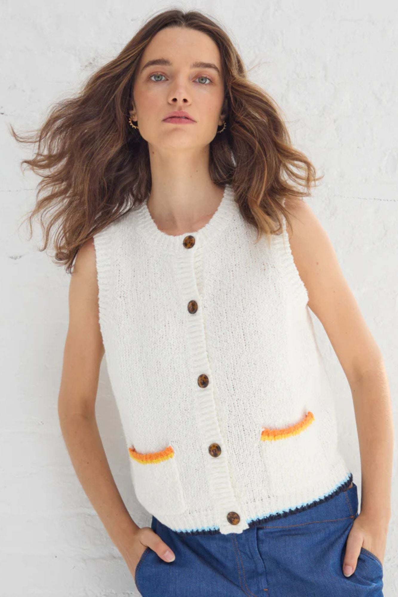 Button Front Vest With Contrast Details