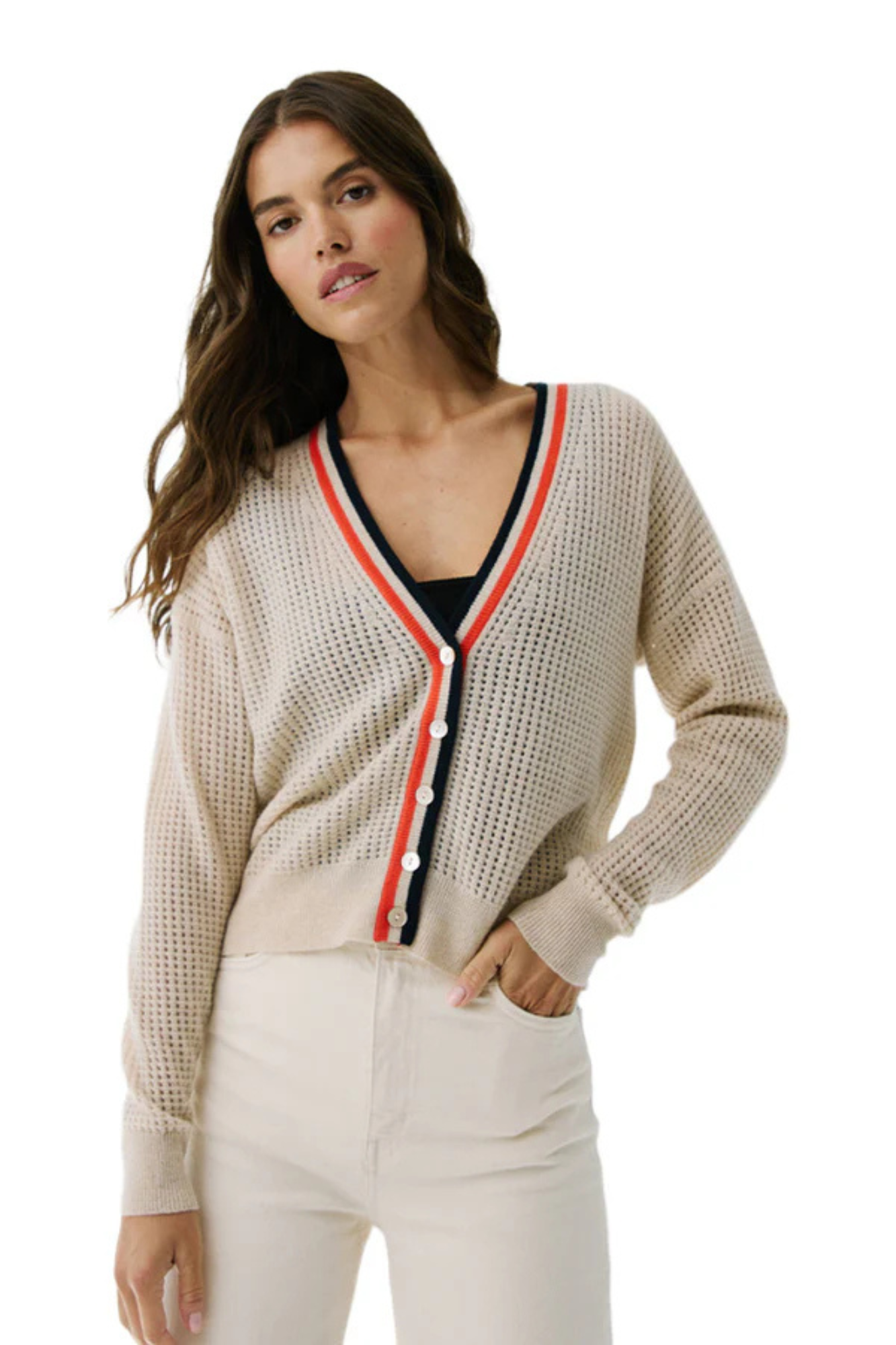 Mesh Cardigan With Varsity Stripe